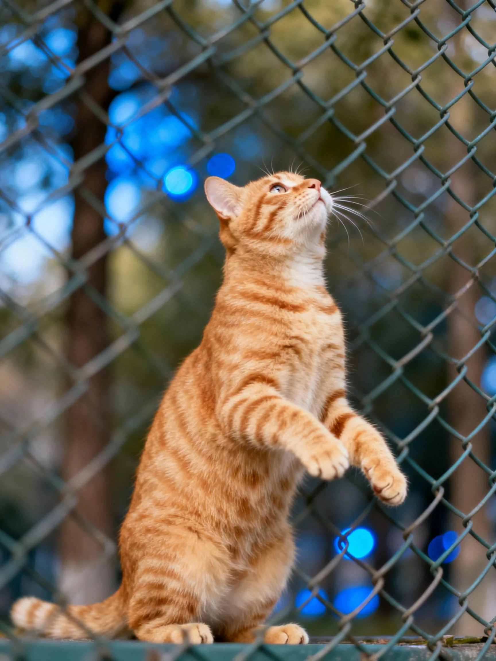 An orange tabby cat stands upright by a green chain-link fence