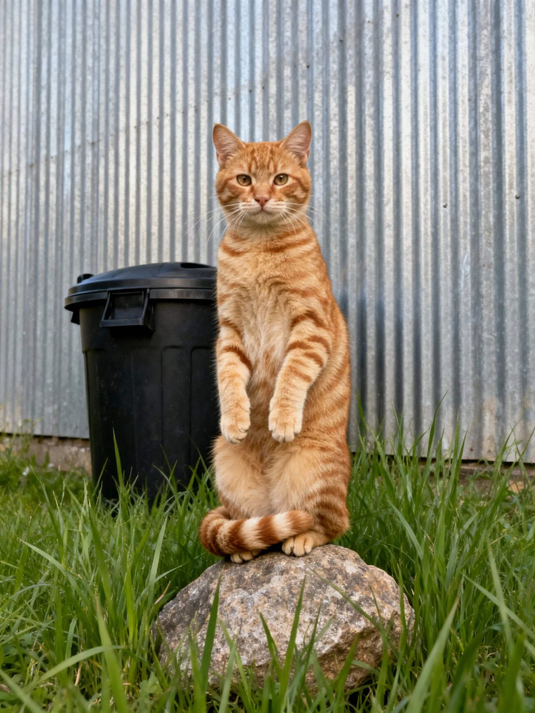 An orange tabby cat stands upright on a rock near a black trash bin