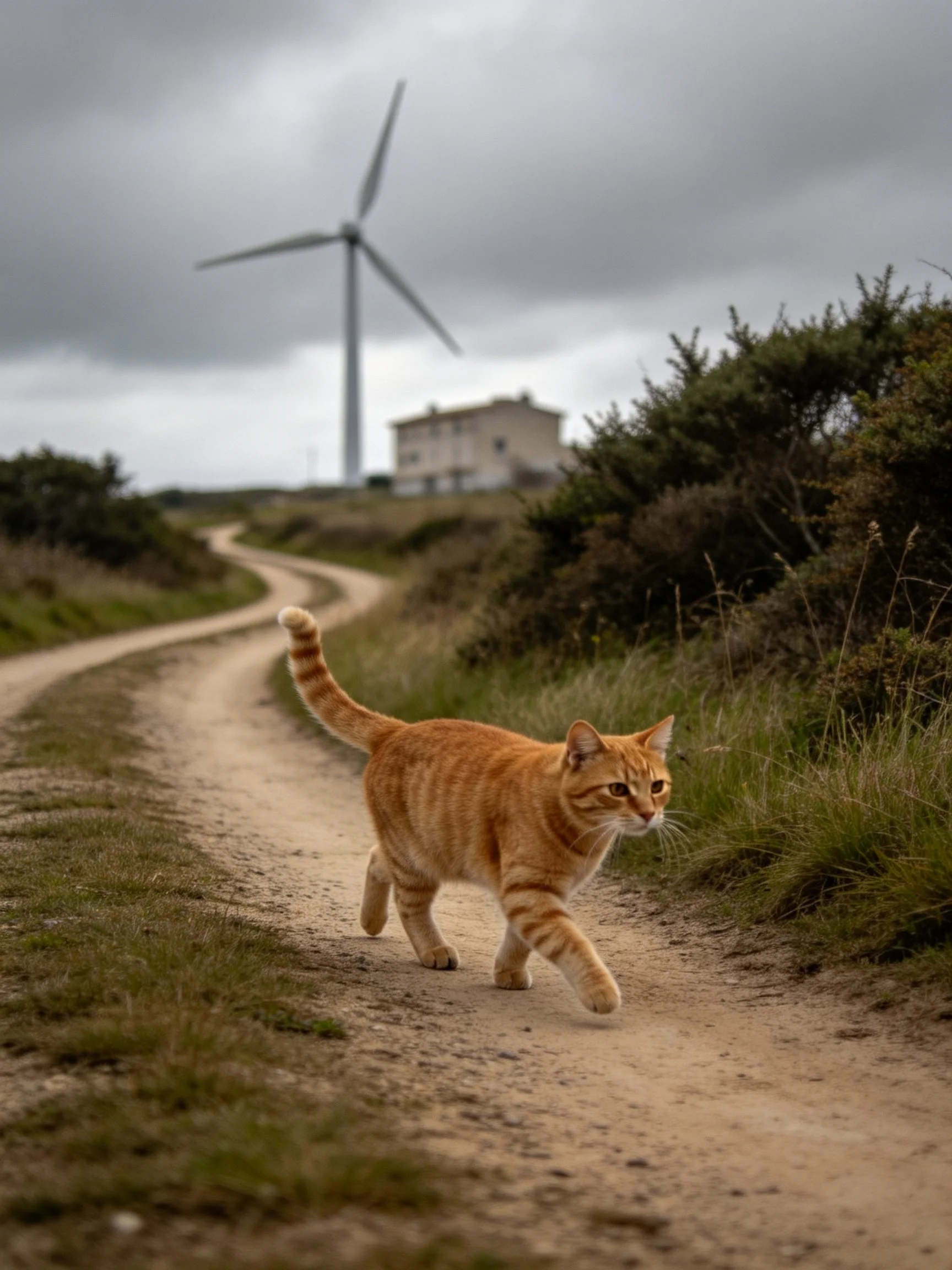 An orange tabby cat traverses a winding dirt path beside a tall wind turbine