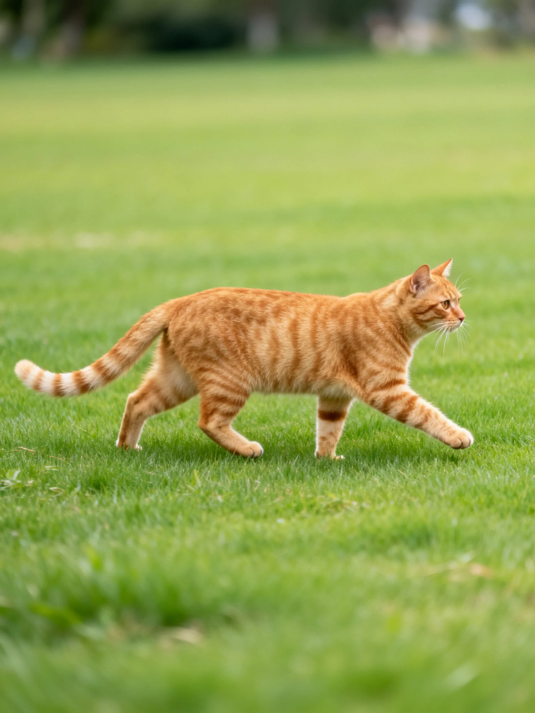 An orange tabby cat walking across a lush green lawn