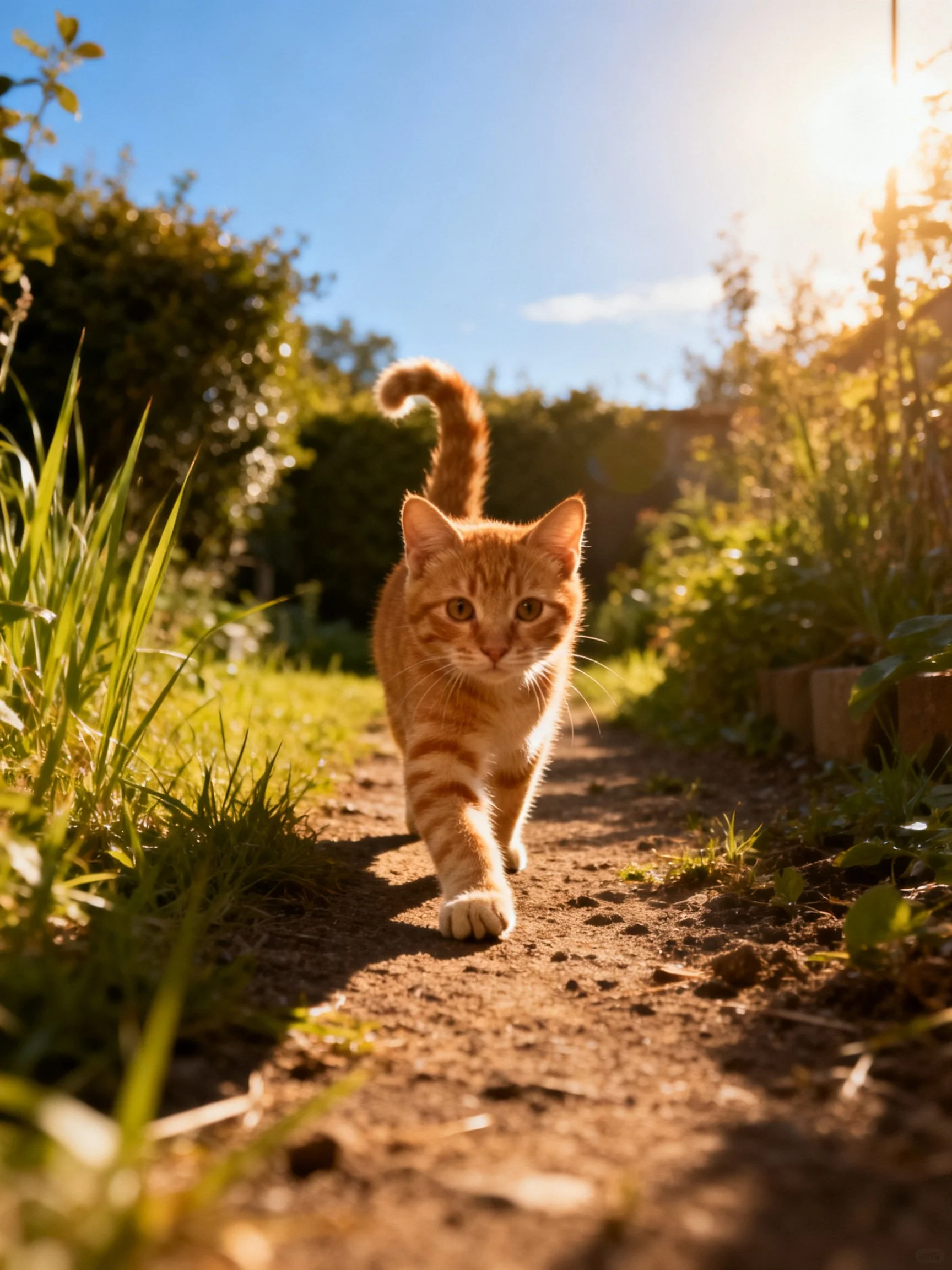 An orange tabby cat walking down a sunlit dirt path in a garden