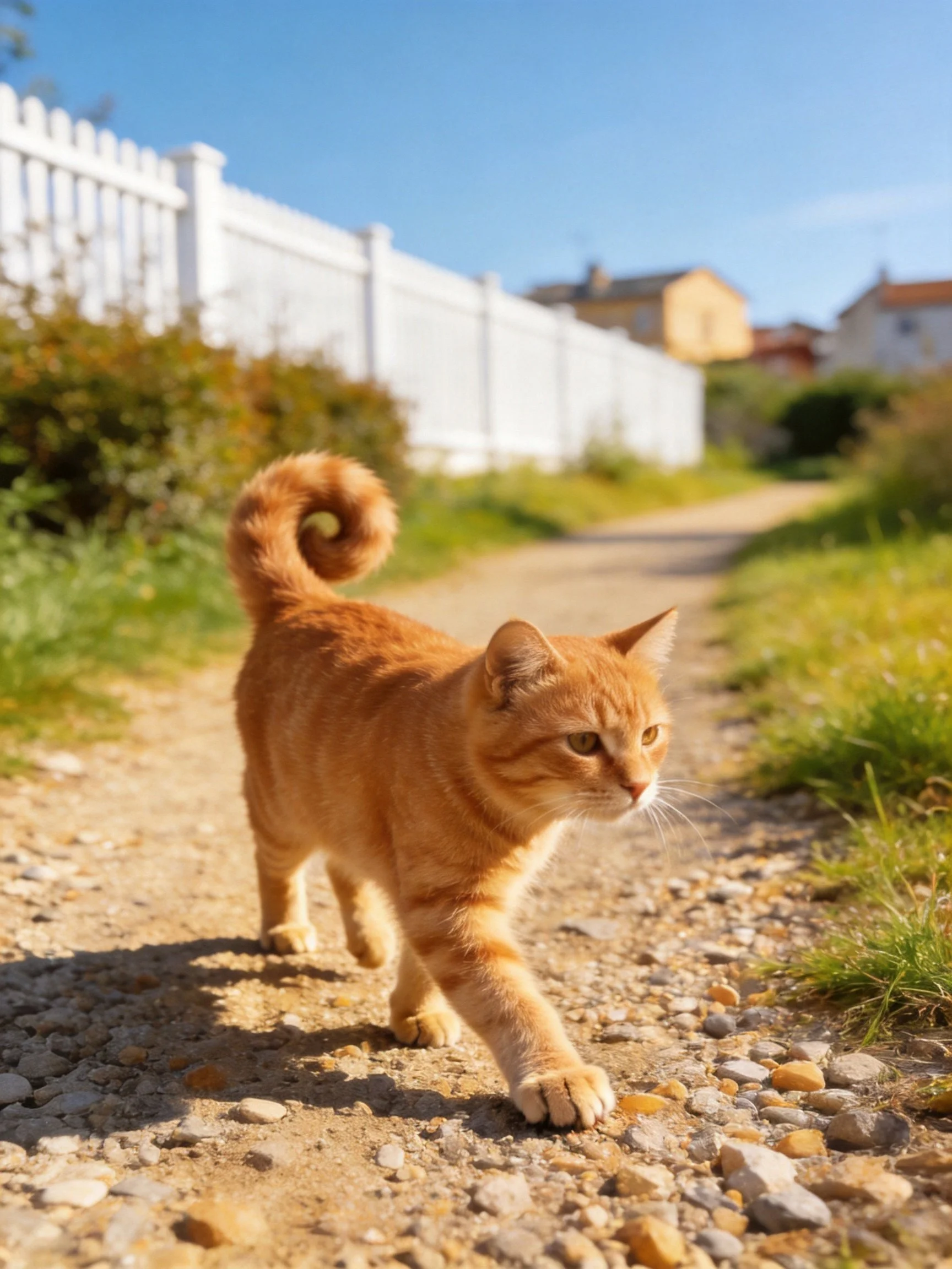 An orange tabby cat walking on a gravel path near white fencing