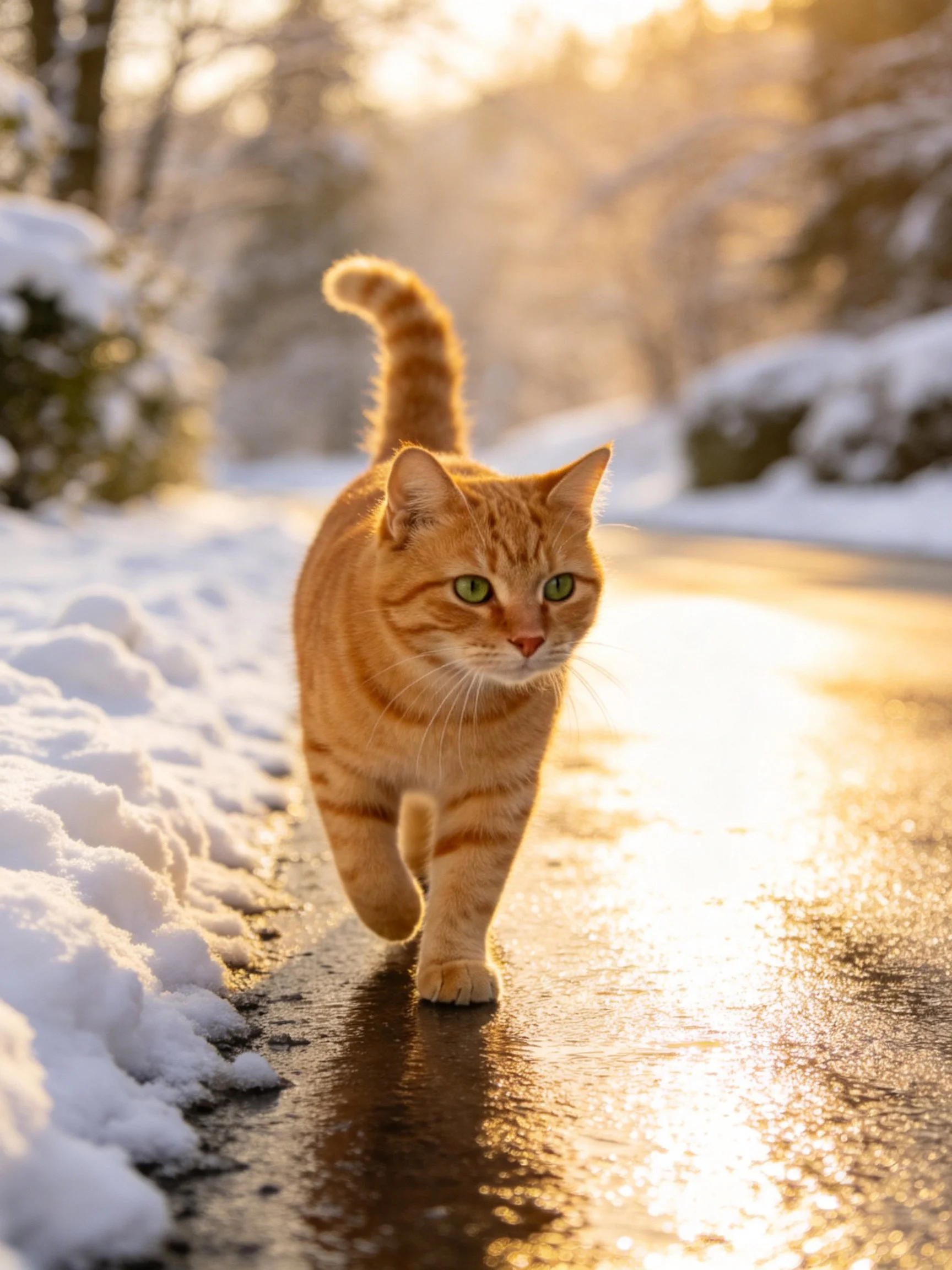 An orange tabby cat walking on a snow-lined path under golden light