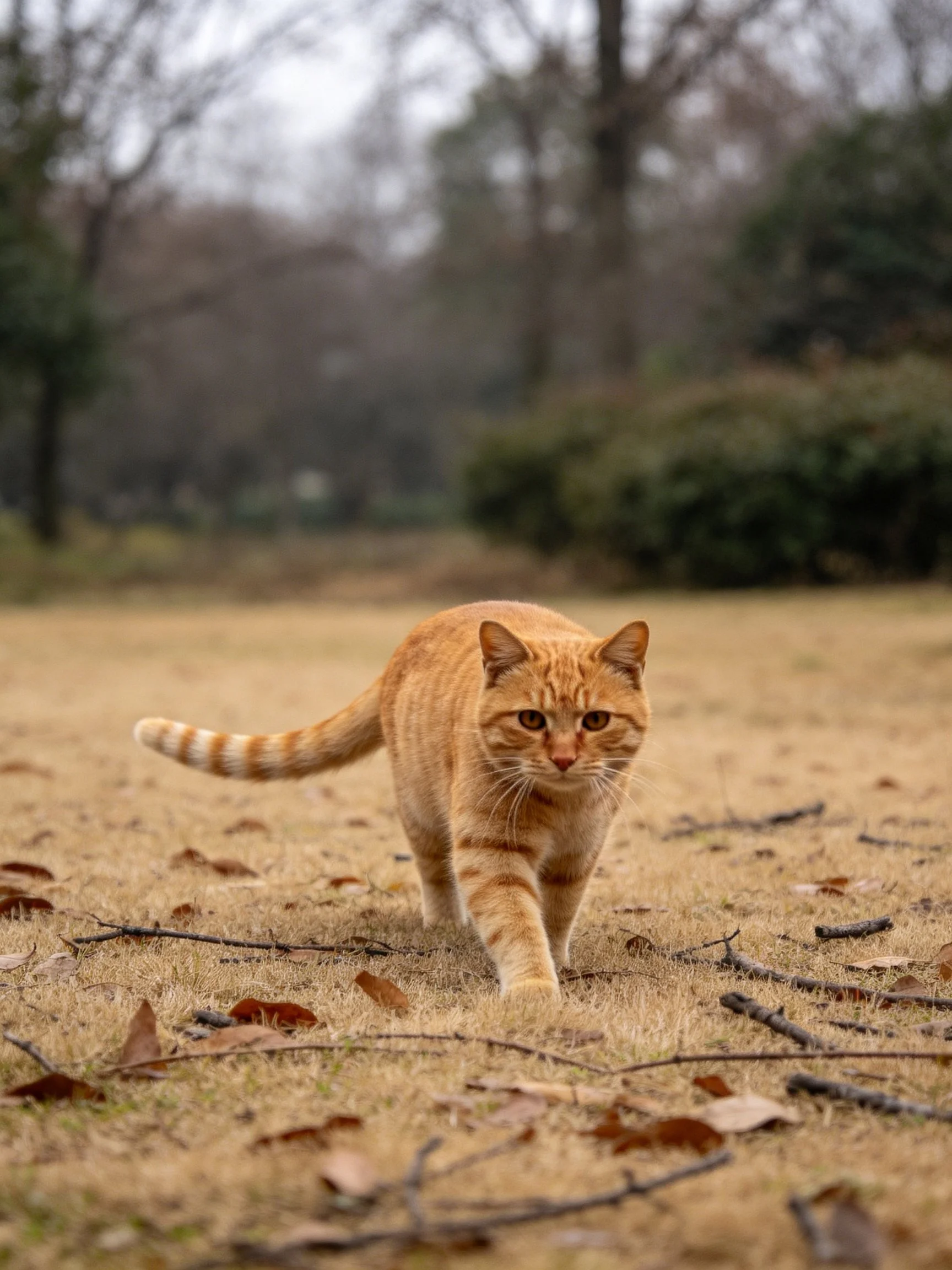 An orange tabby cat walking on dry grass with scattered twigs and fallen leaves