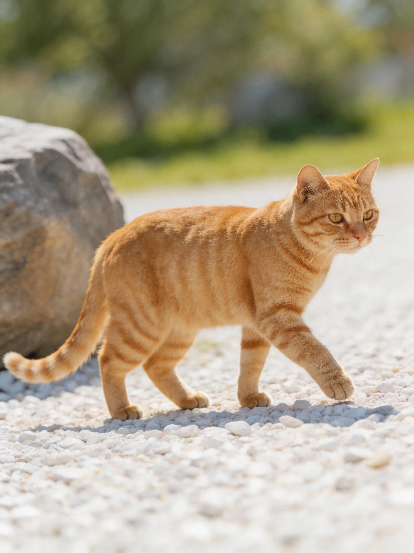 An orange tabby cat walking on white gravel near a large rock