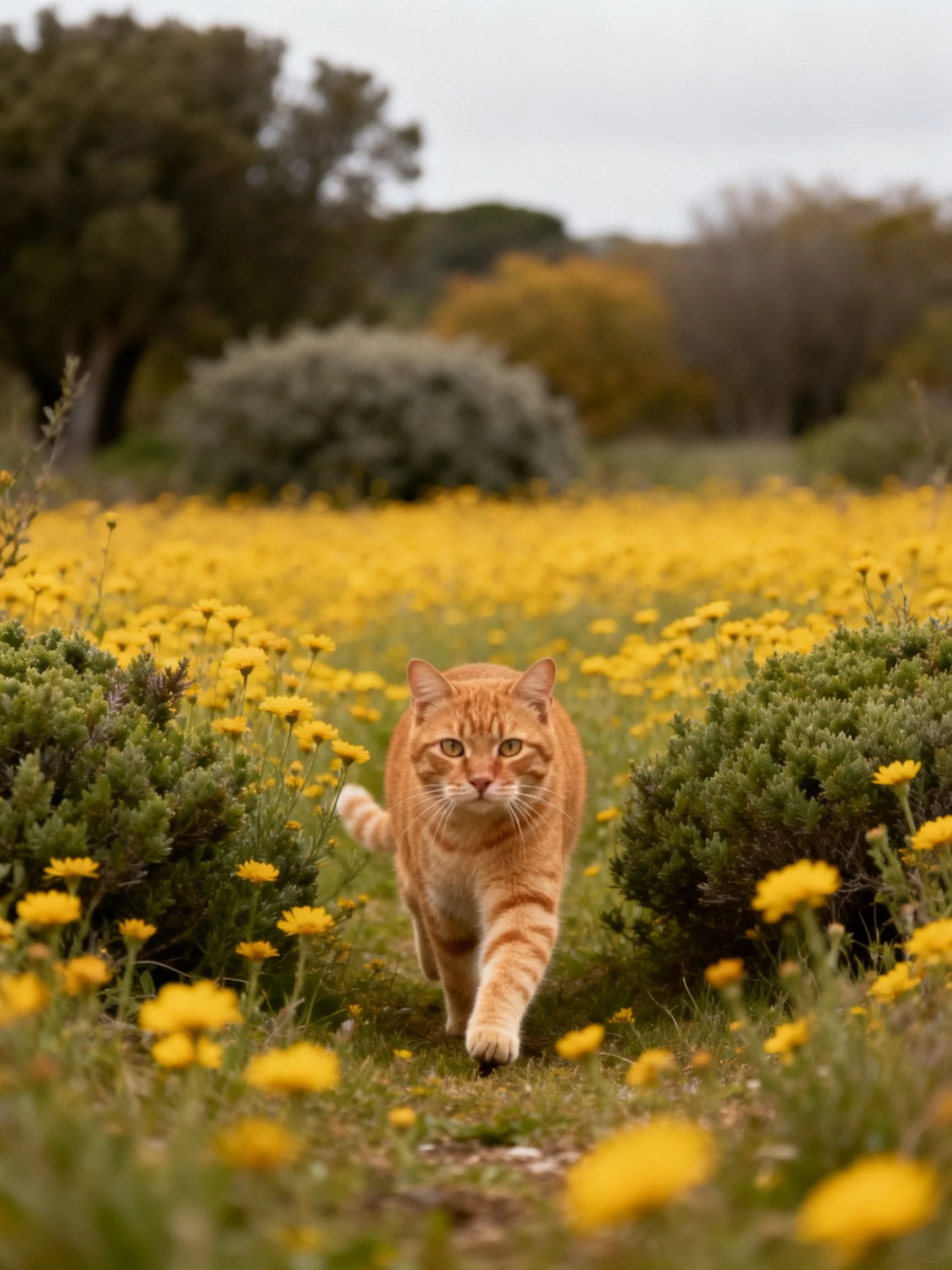 An orange tabby cat walking through a field of yellow wildflowers