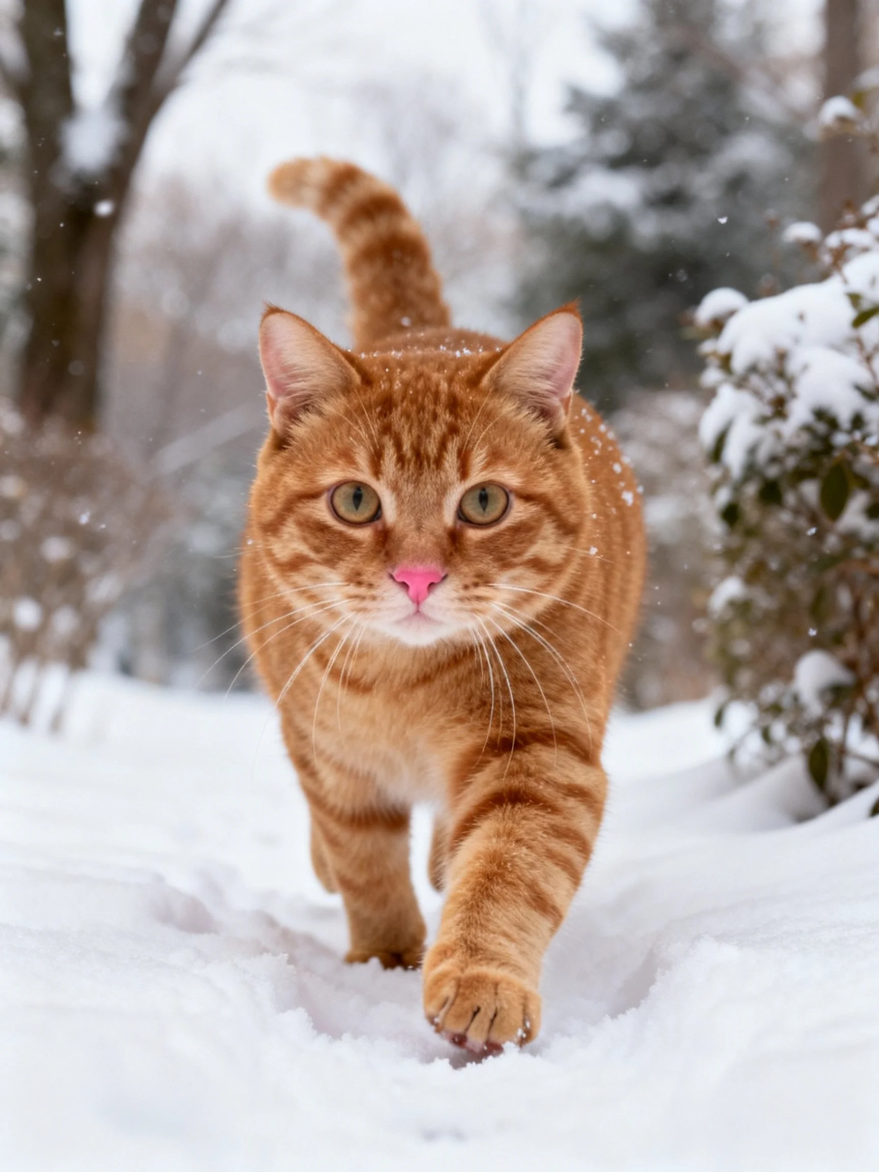 An orange tabby cat walking through fresh white snow