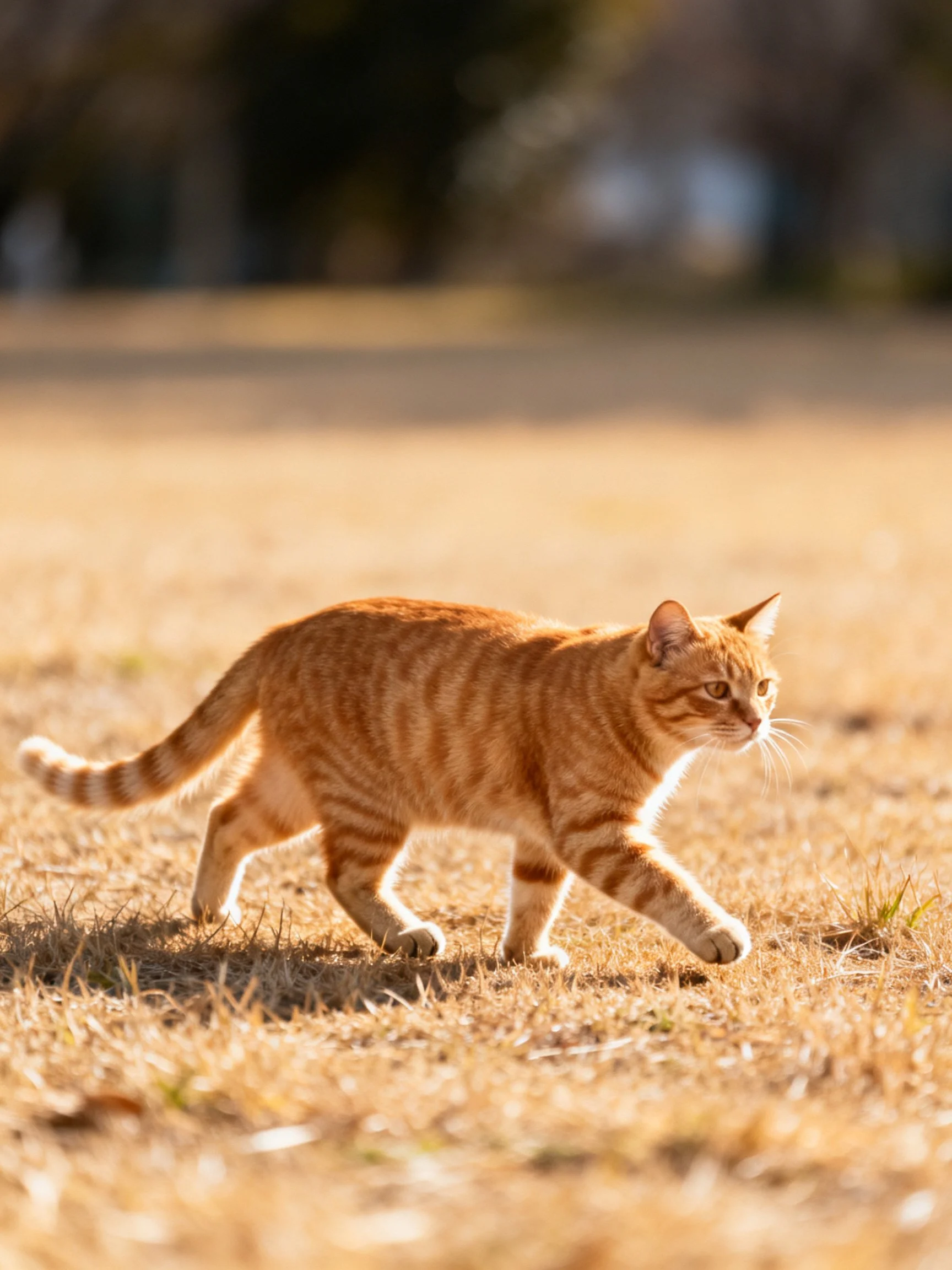An orange tabby cat walks across dry, golden-brown grass in bright sunlight