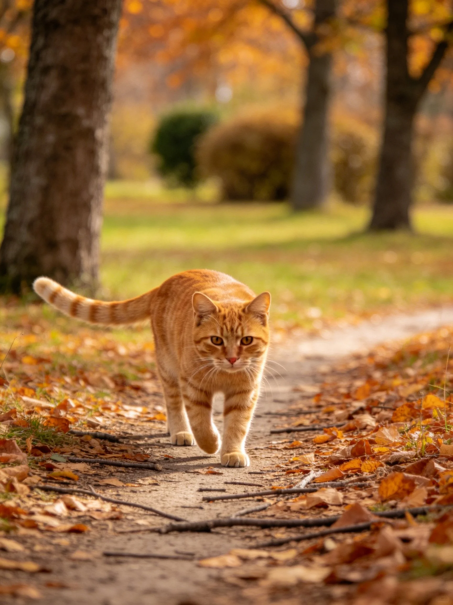 An orange tabby cat strolls down a leaf-covered path in a sunlit autumn park.