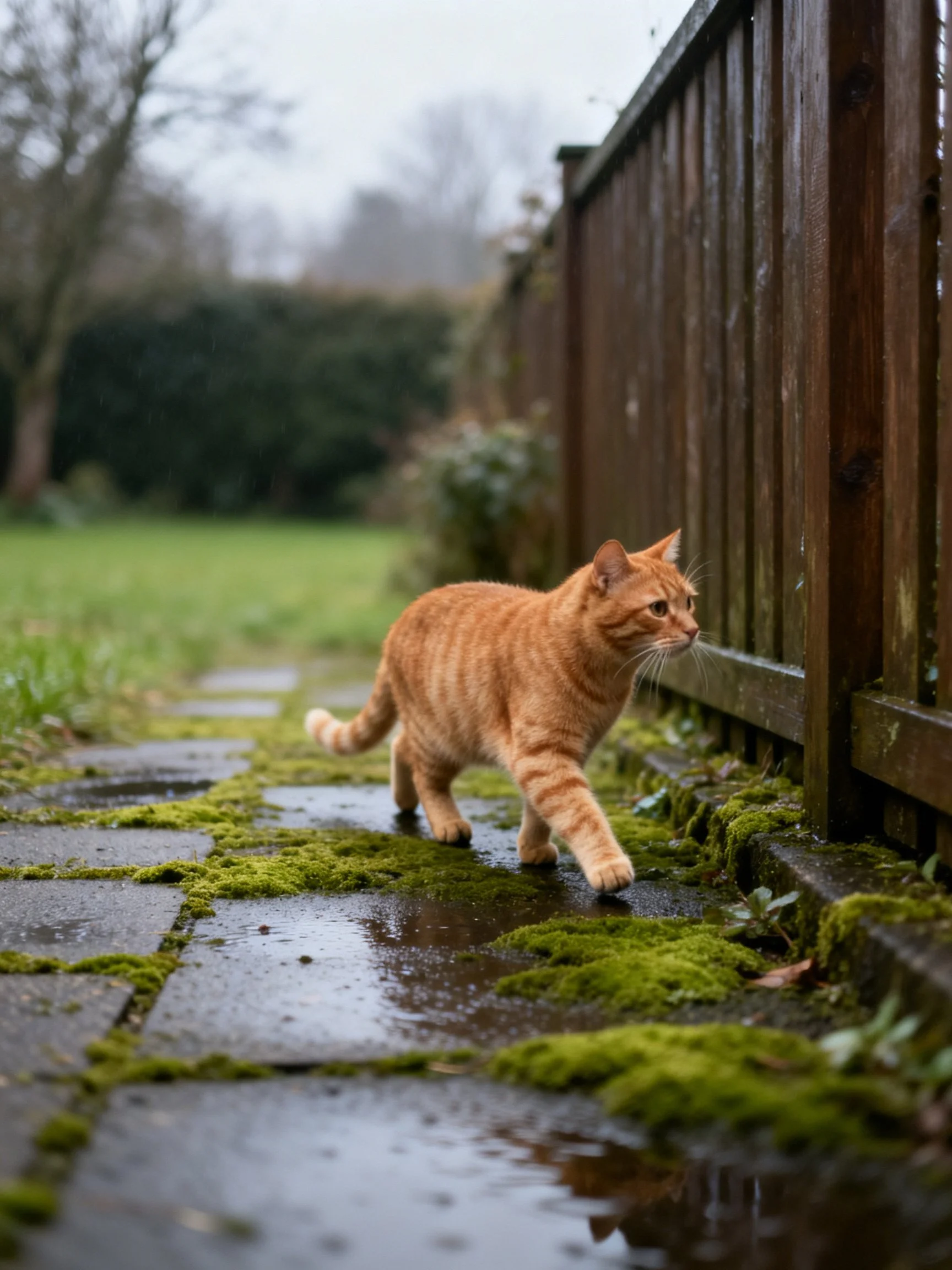 An orange tabby cat explores a mossy stone path next to a wooden fence
