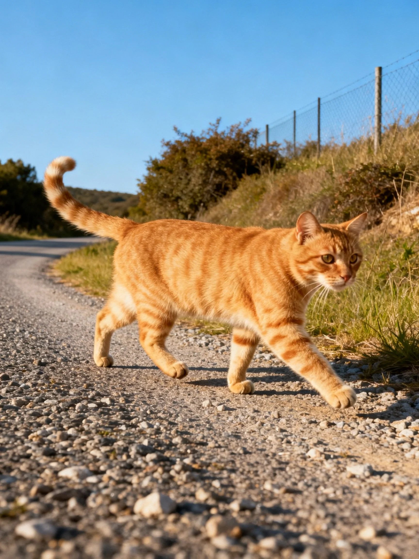 An orange tabby cat crosses a sunlit gravel road in a rural setting.