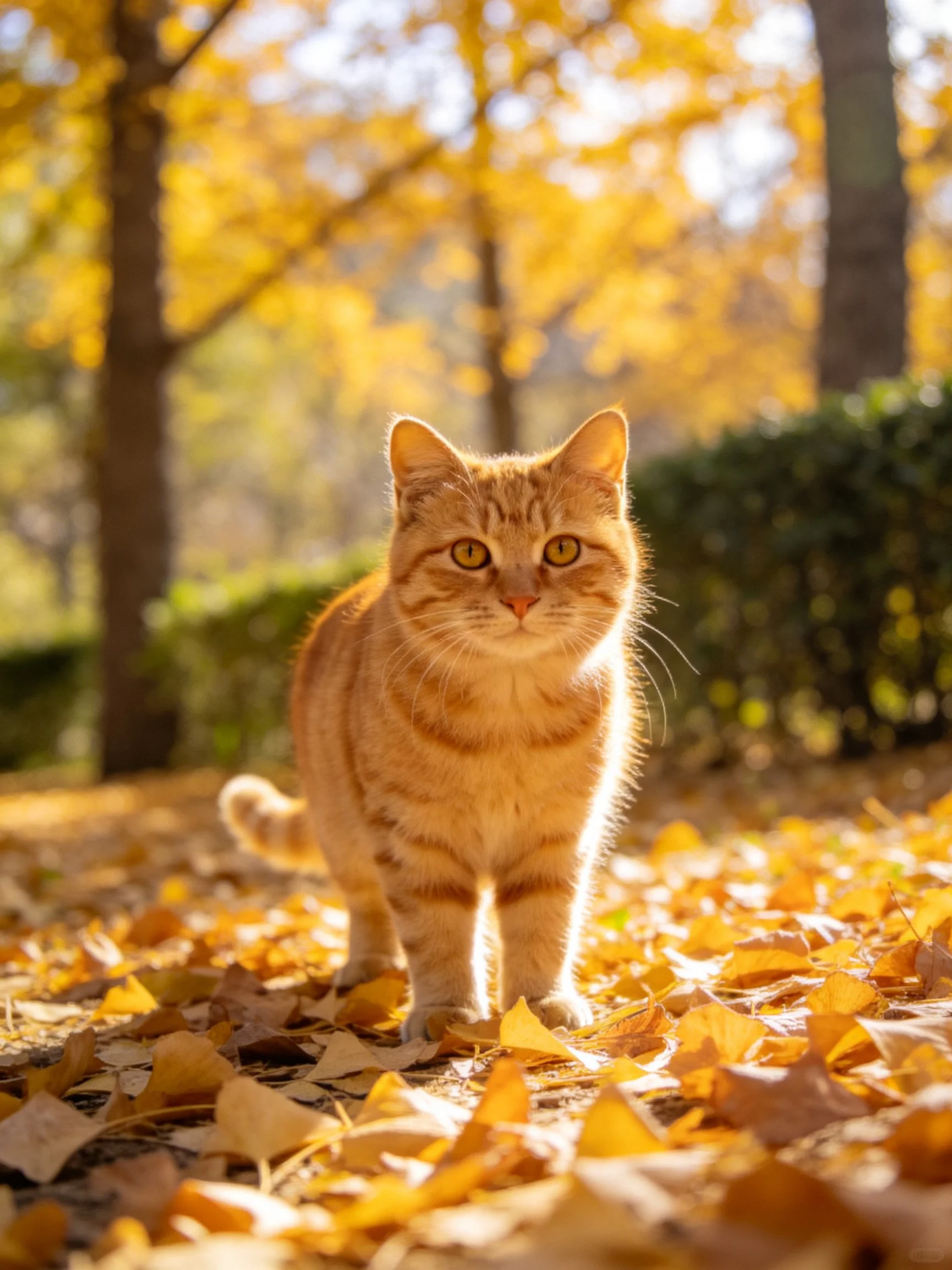 An orange tabby cat moves through golden autumn leaves in a sunlit outdoor setting.