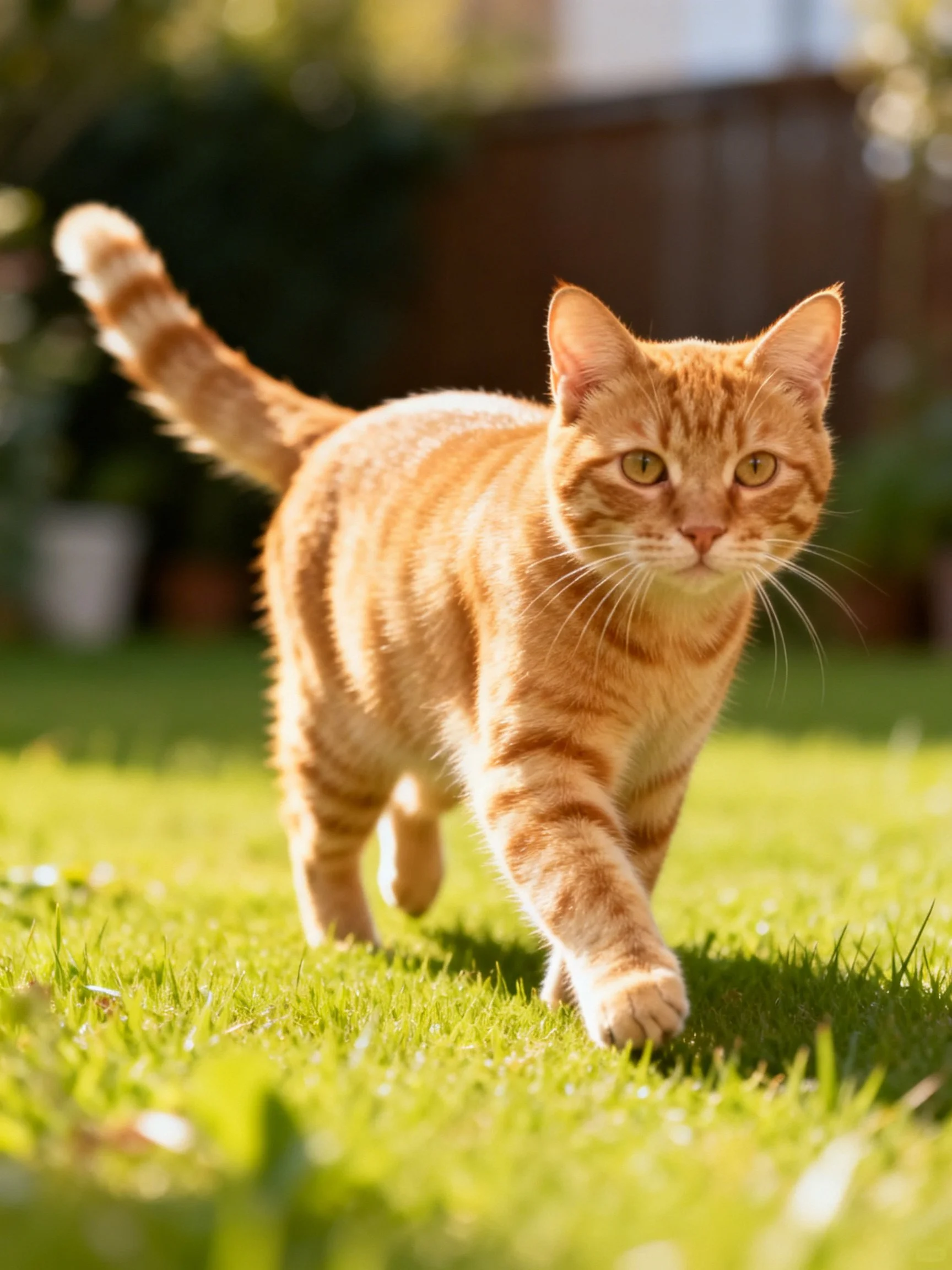 An orange tabby cat walks gracefully on sunlit green grass