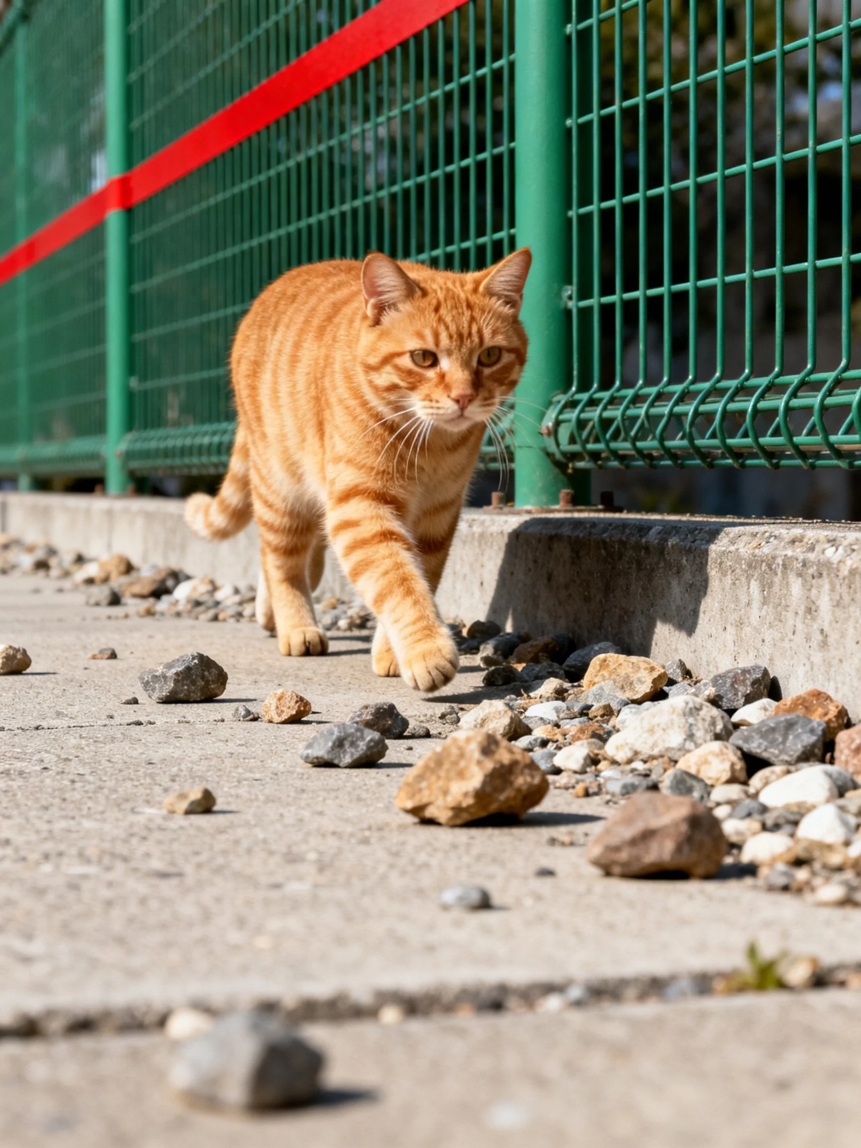 An orange tabby cat navigates a rocky sidewalk next to a green fence.
