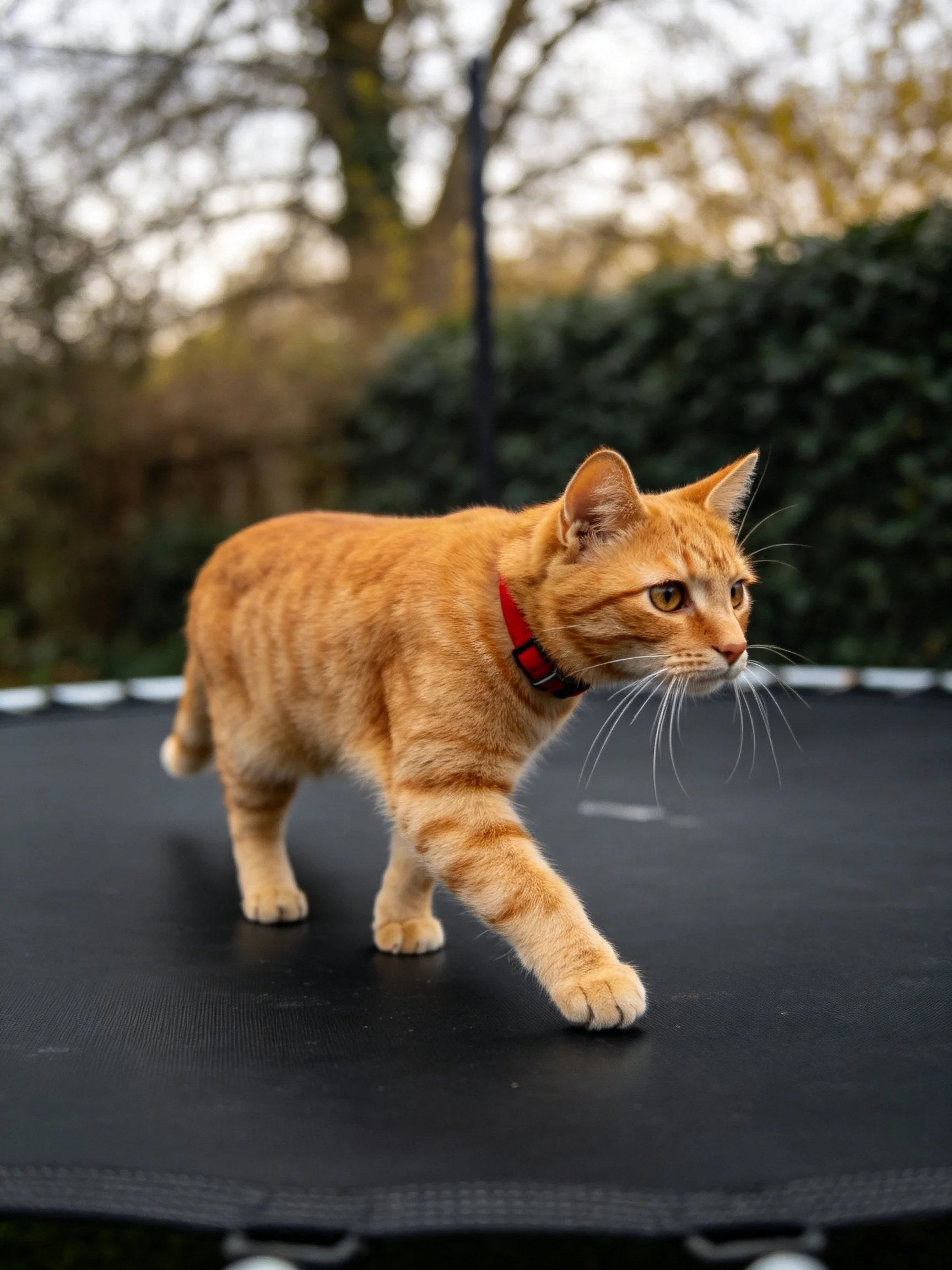 An orange tabby cat walks on a black trampoline in an outdoor setting.