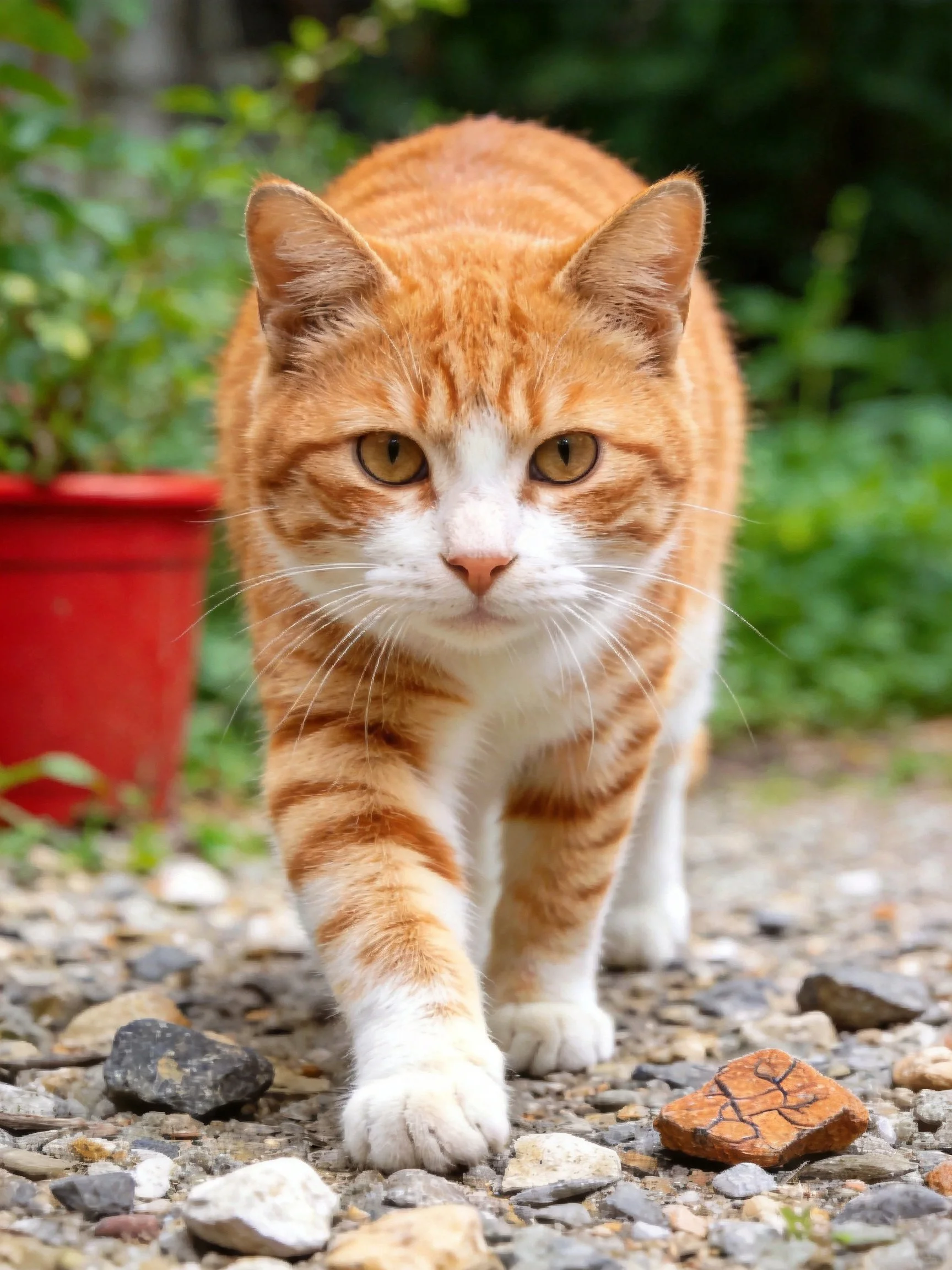 An orange tabby cat walks on a gravel path near a red planter