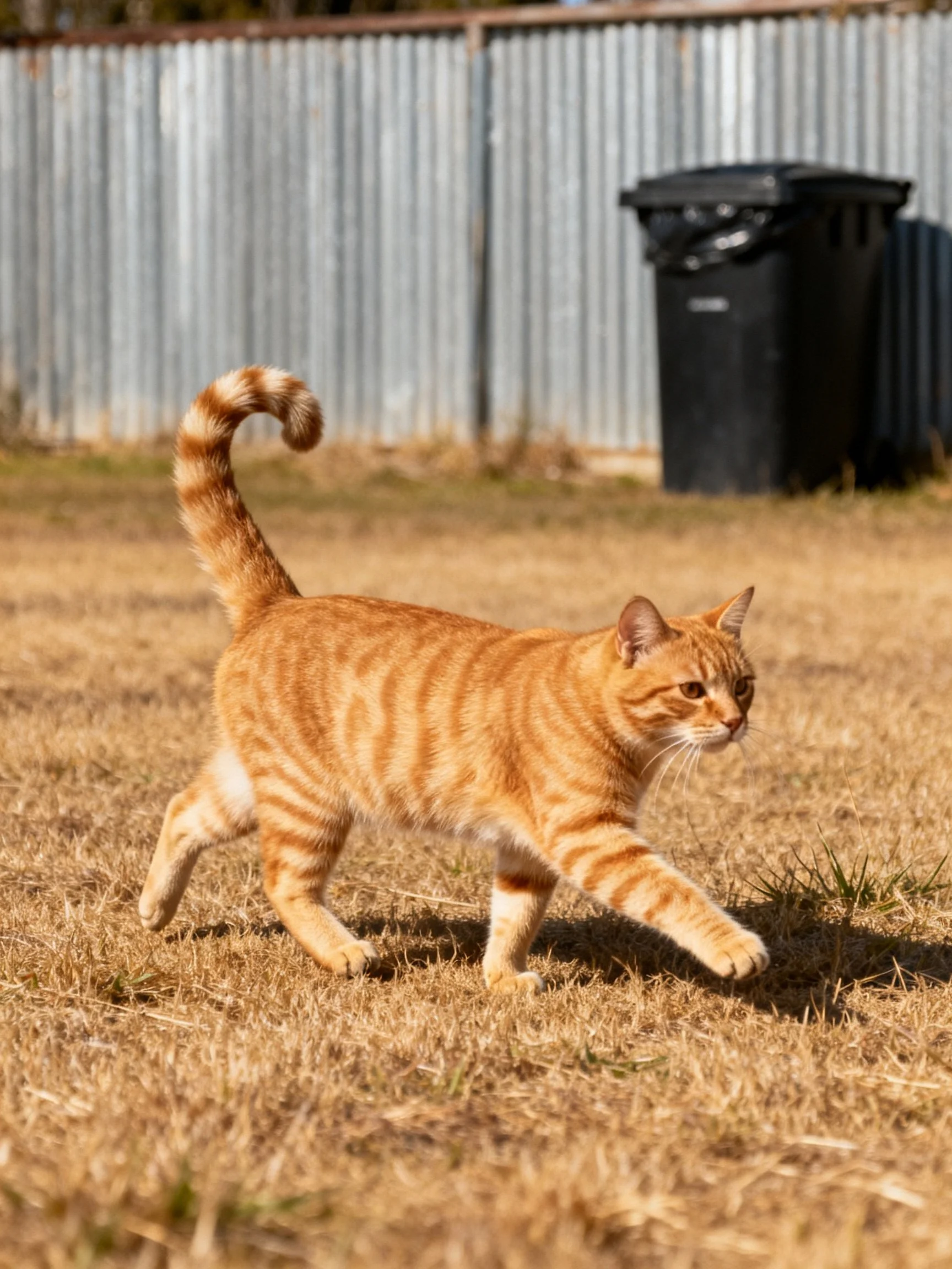 An orange tabby cat walks on dry grass near a metal fence