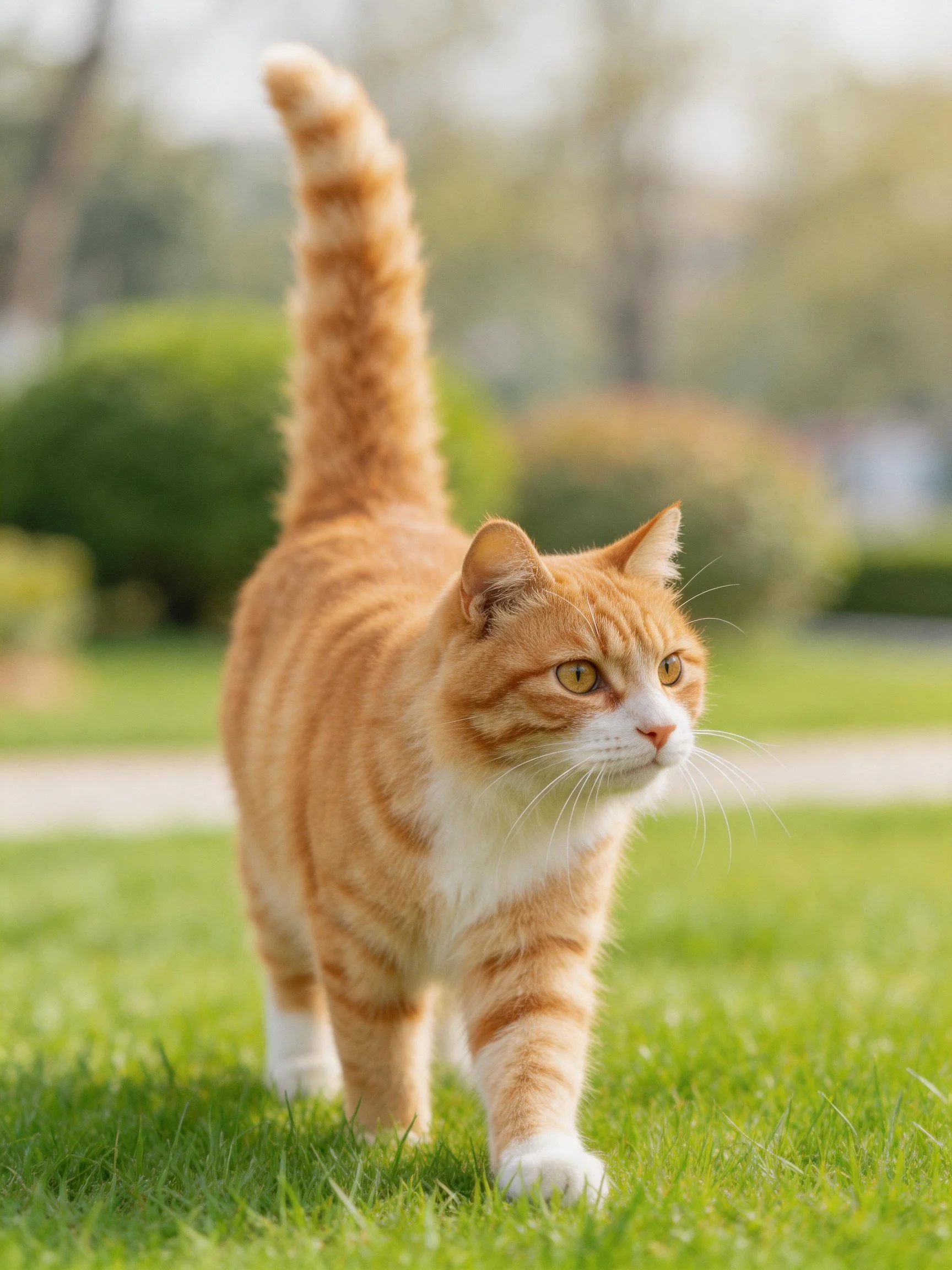 A single orange tabby cat walks on green grass in a sunny outdoor setting