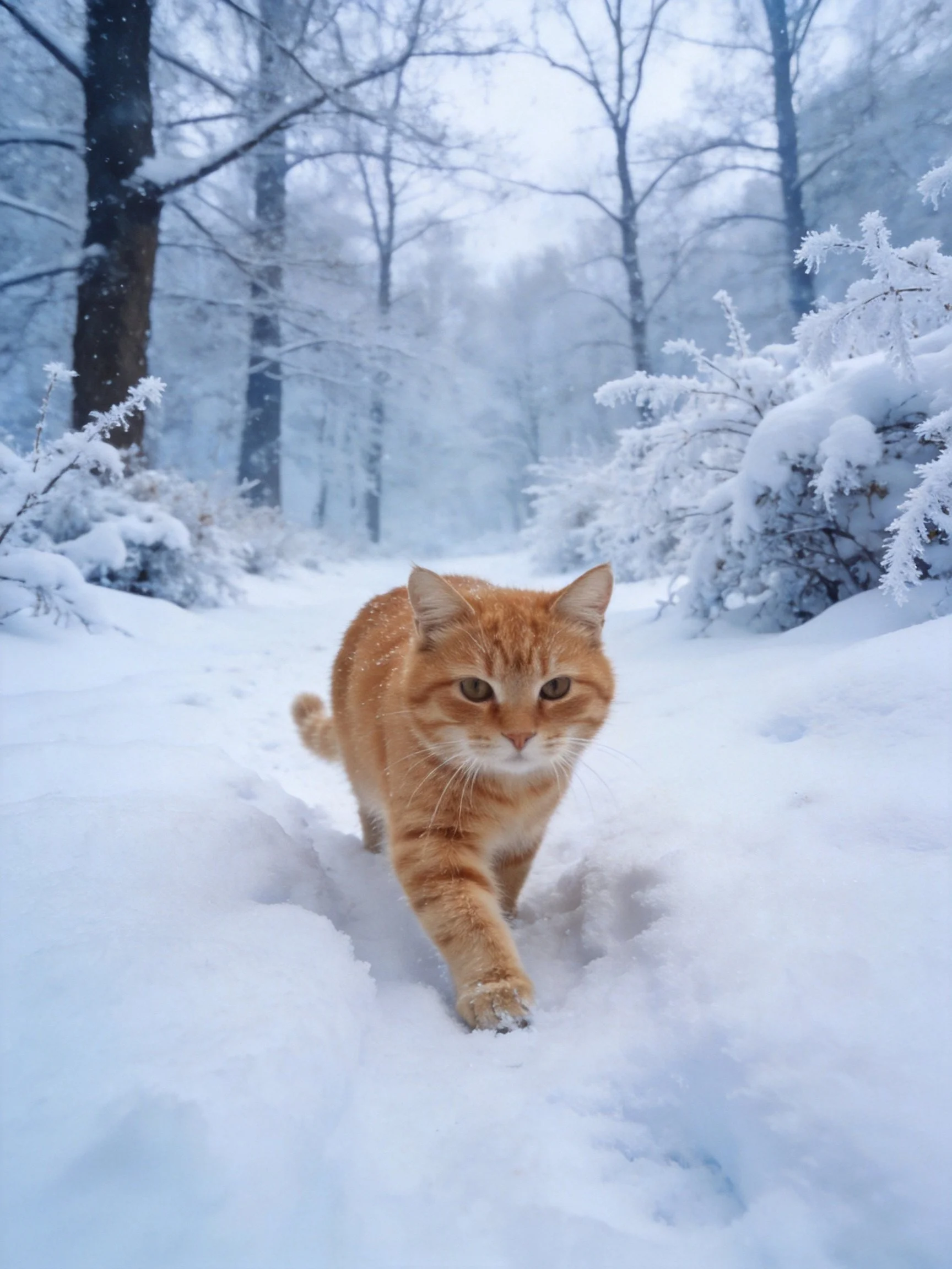 An orange tabby cat moves along a snow-filled forest trail