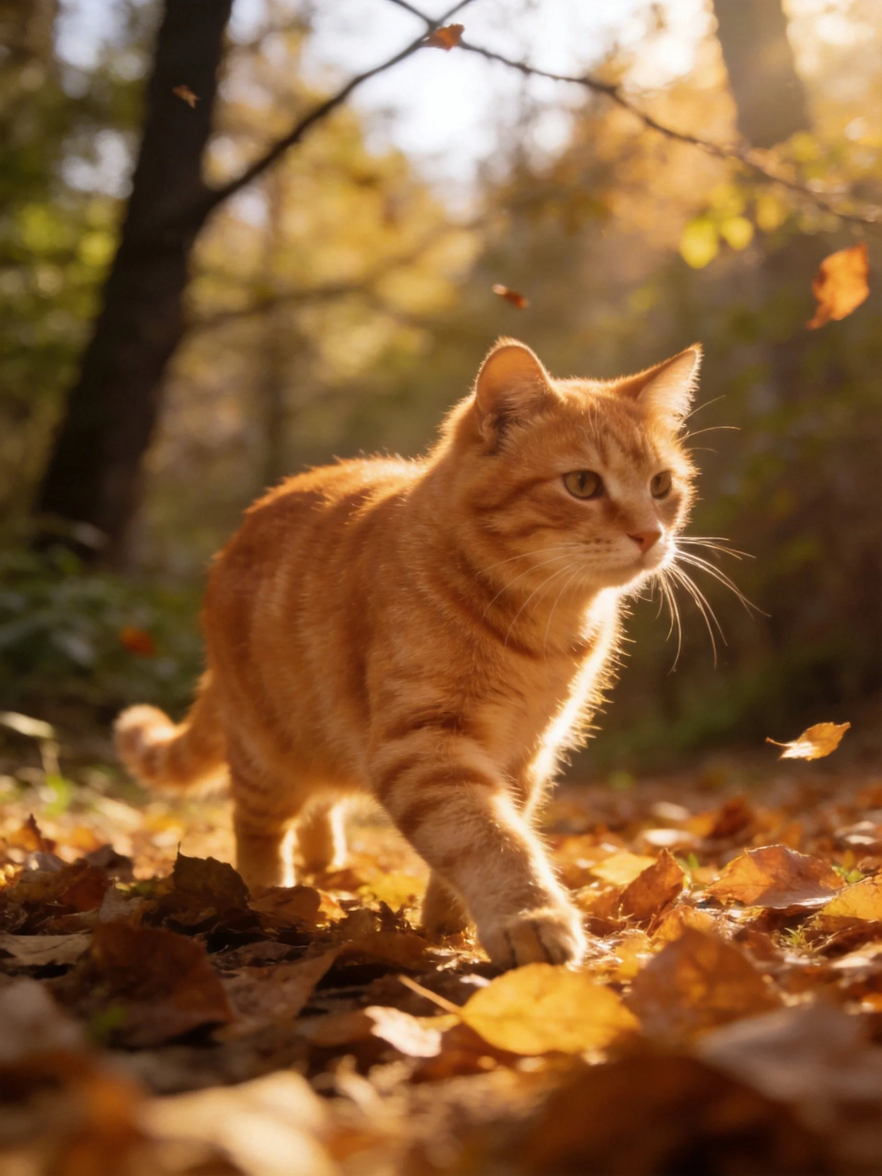 An orange tabby cat explores golden autumn leaves in a sunlit woodland.