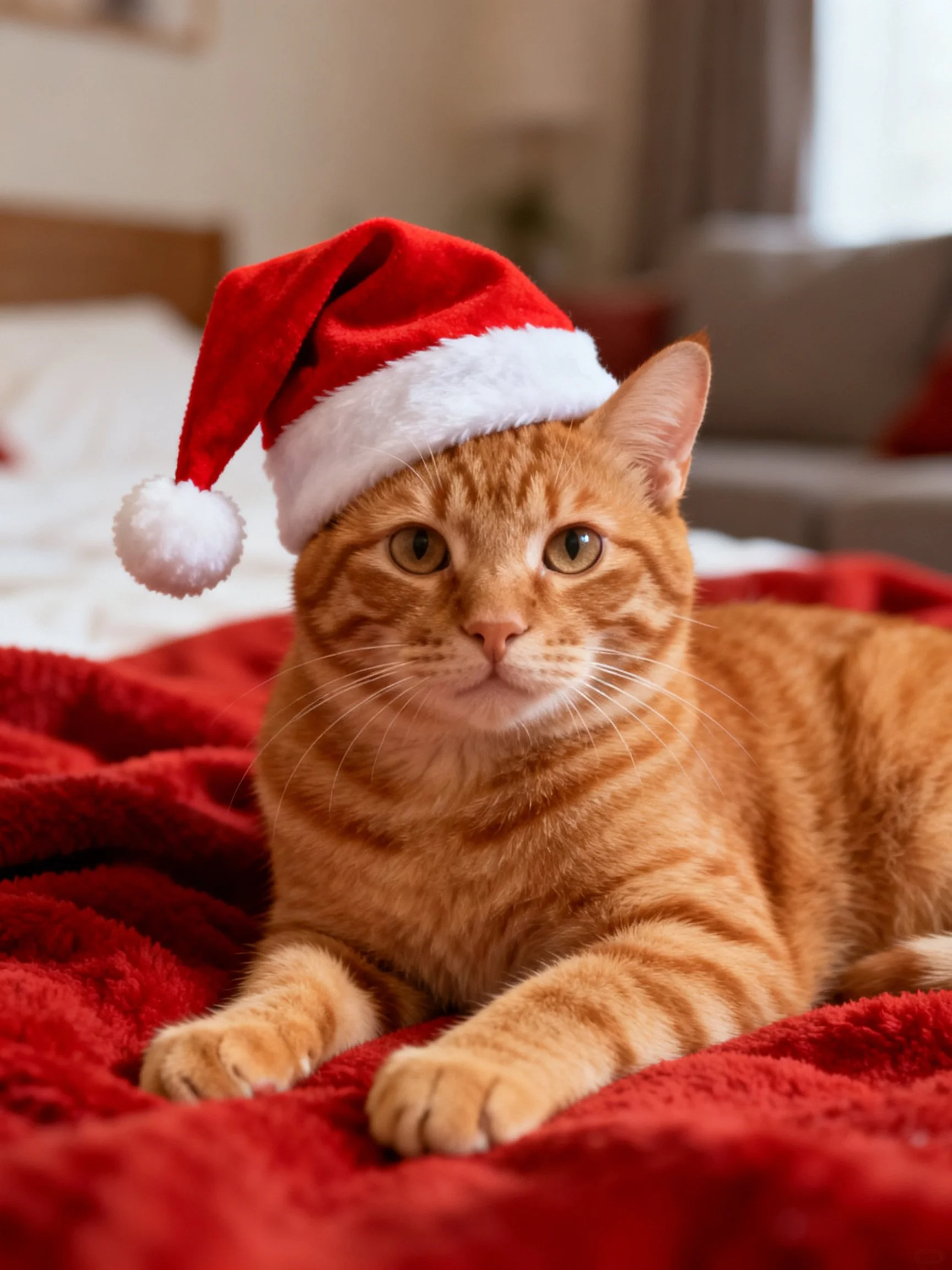 An orange tabby cat wearing a Santa hat lies on a red blanket