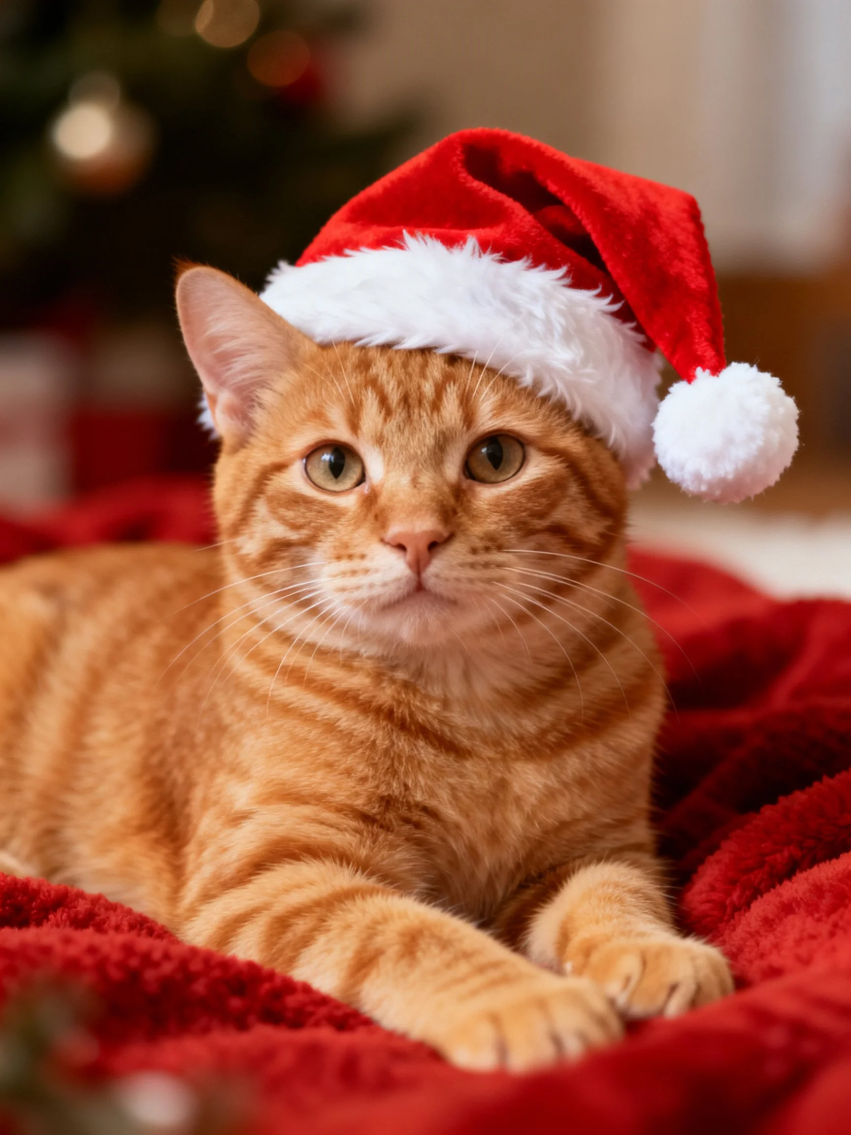 An orange tabby cat wearing a Santa hat lies on a red blanket near a Christmas tree