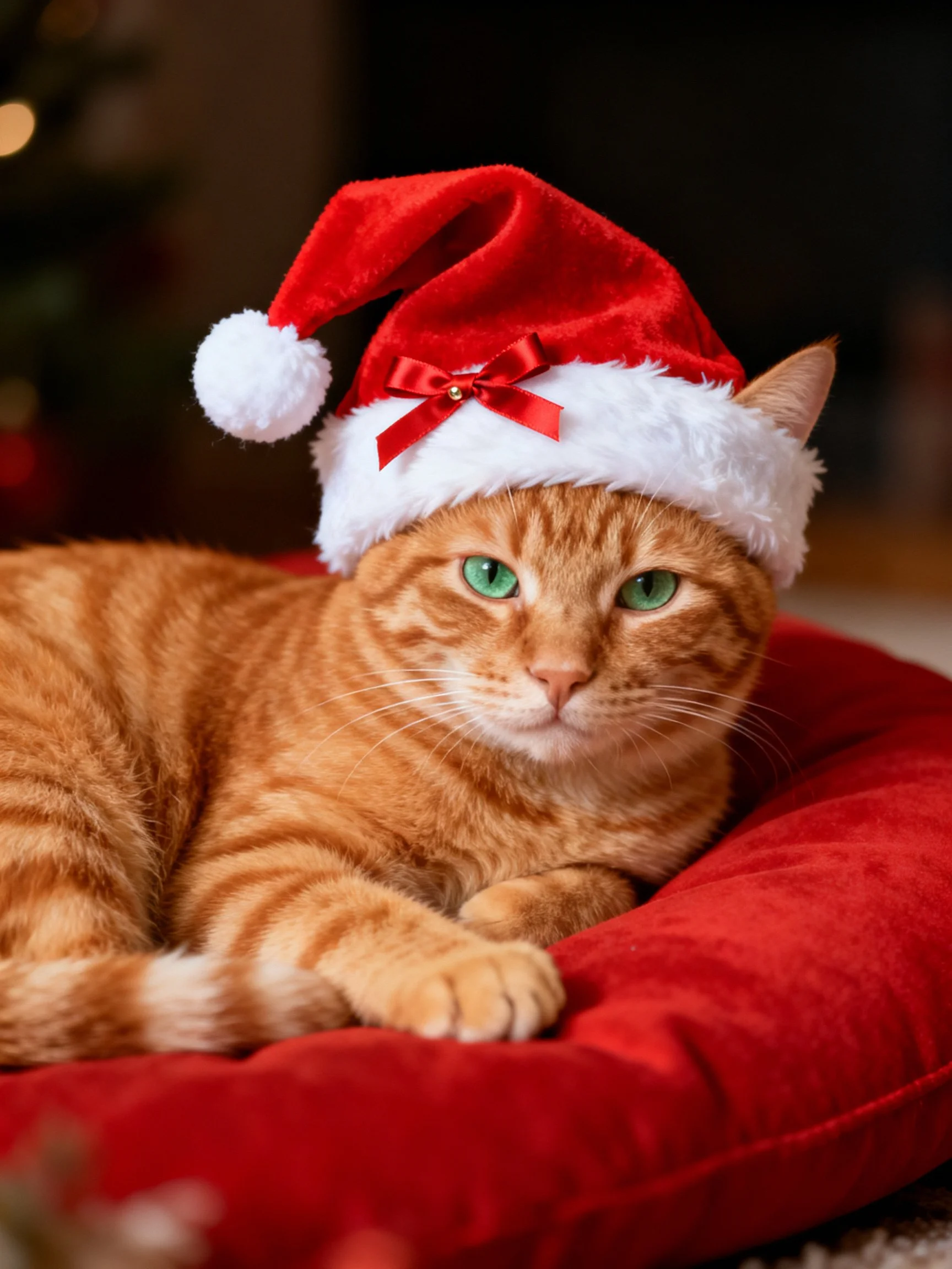 An orange tabby cat wearing a Santa hat rests on a red cushion