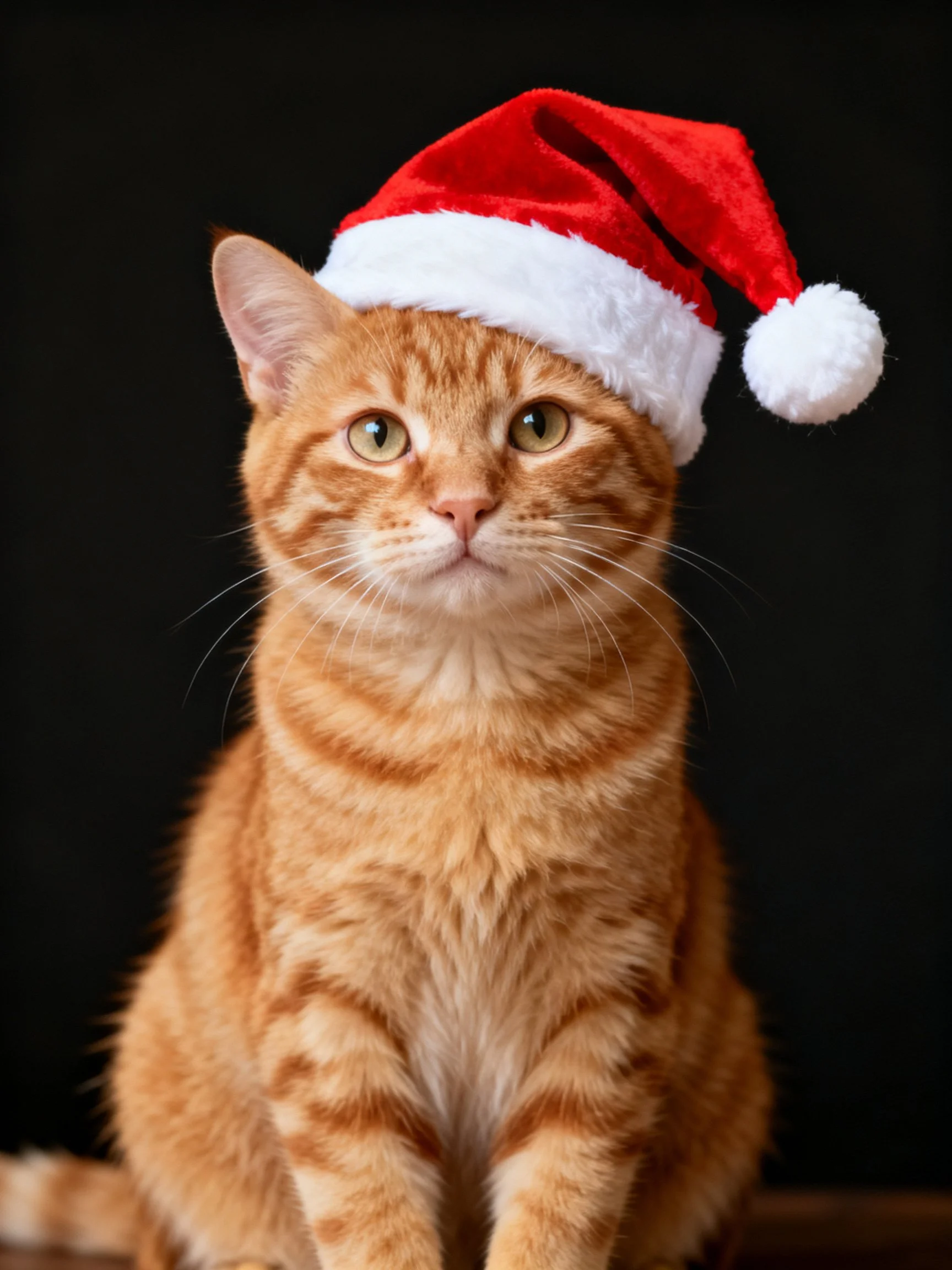 An orange tabby cat wears a red Santa hat in front of a dark background.