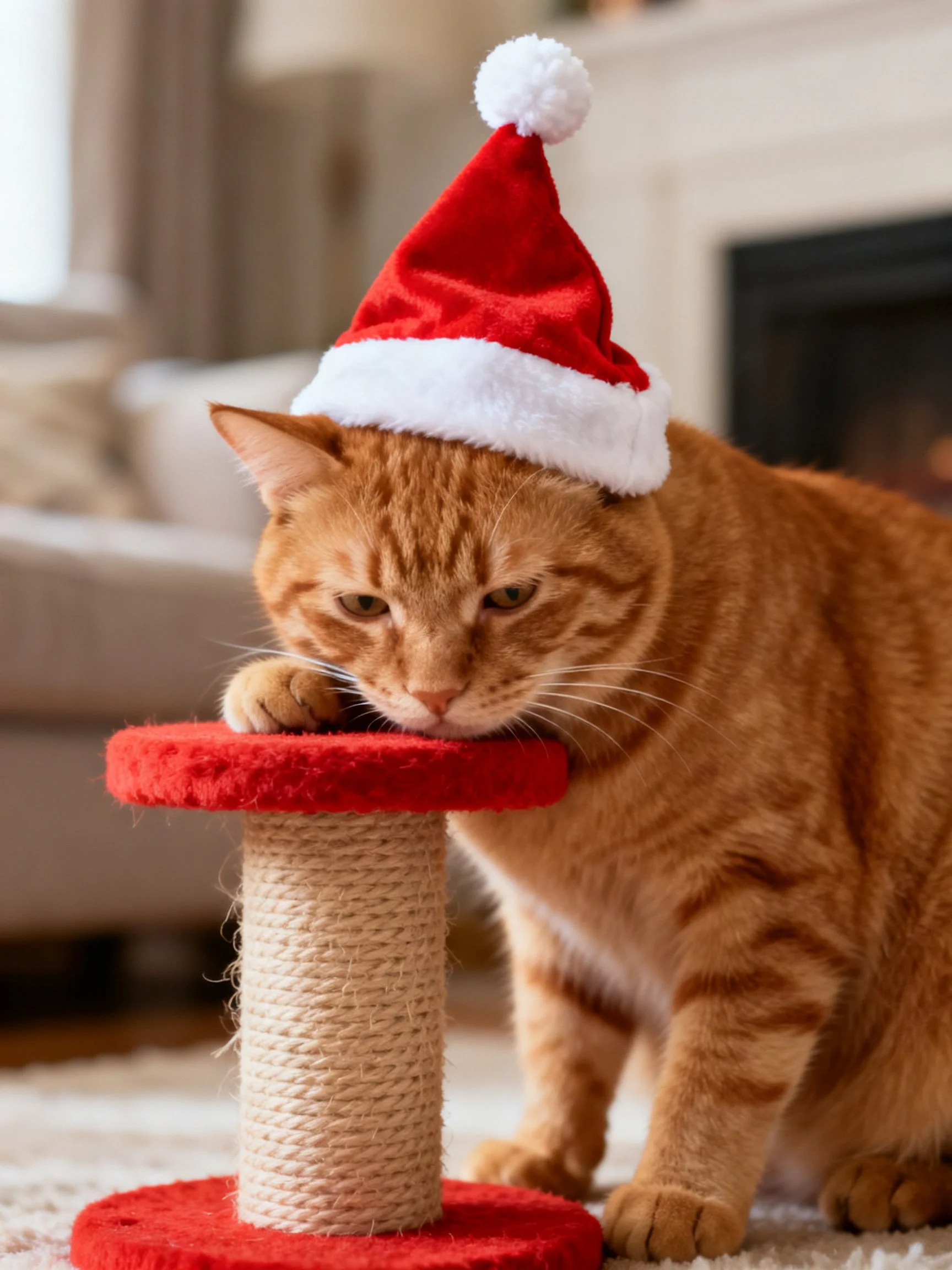 An orange tabby cat wearing a red Santa hat beside a scratching post