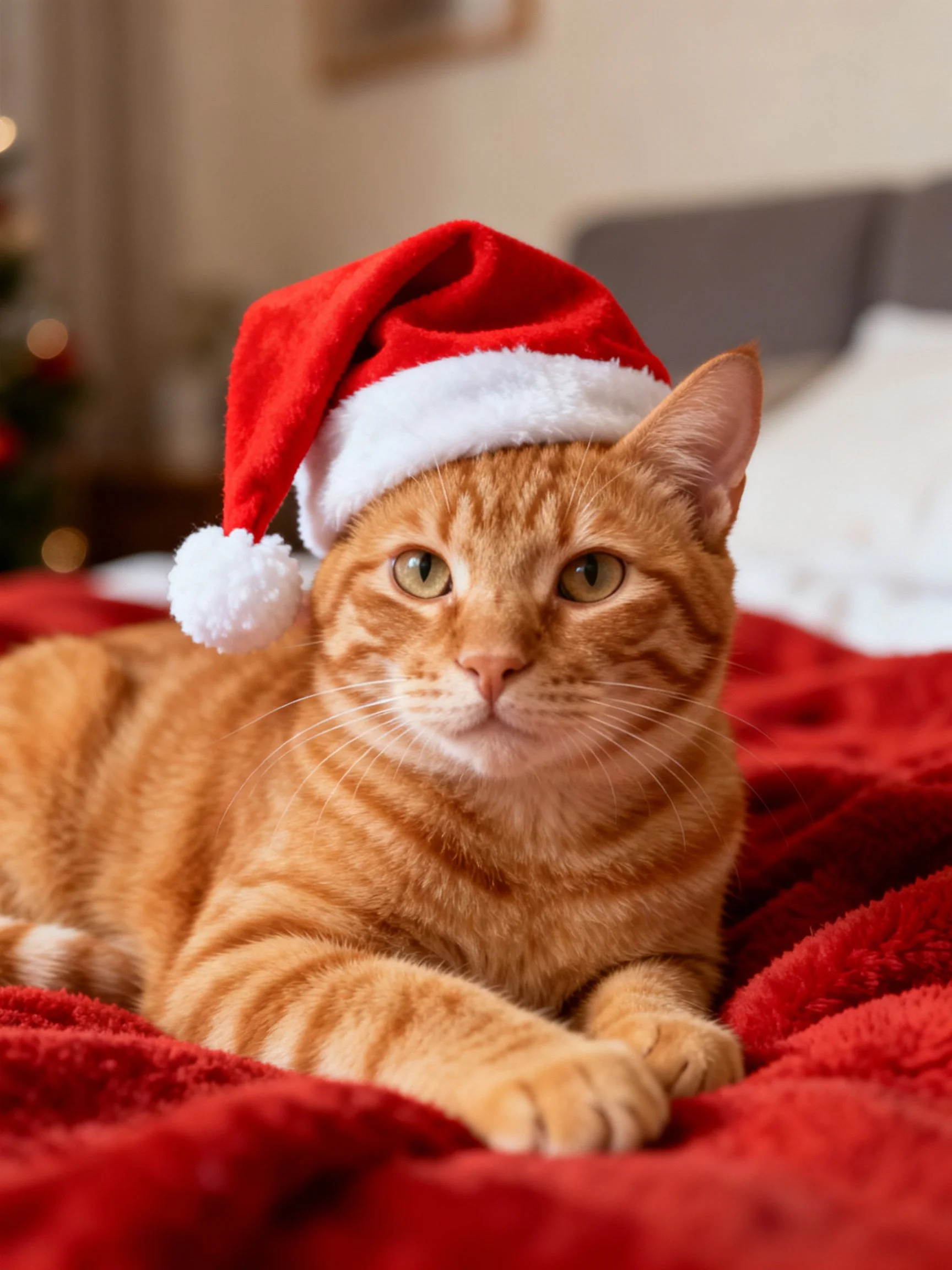 An orange tabby cat with a red Santa hat relaxes on a red blanket indoors.