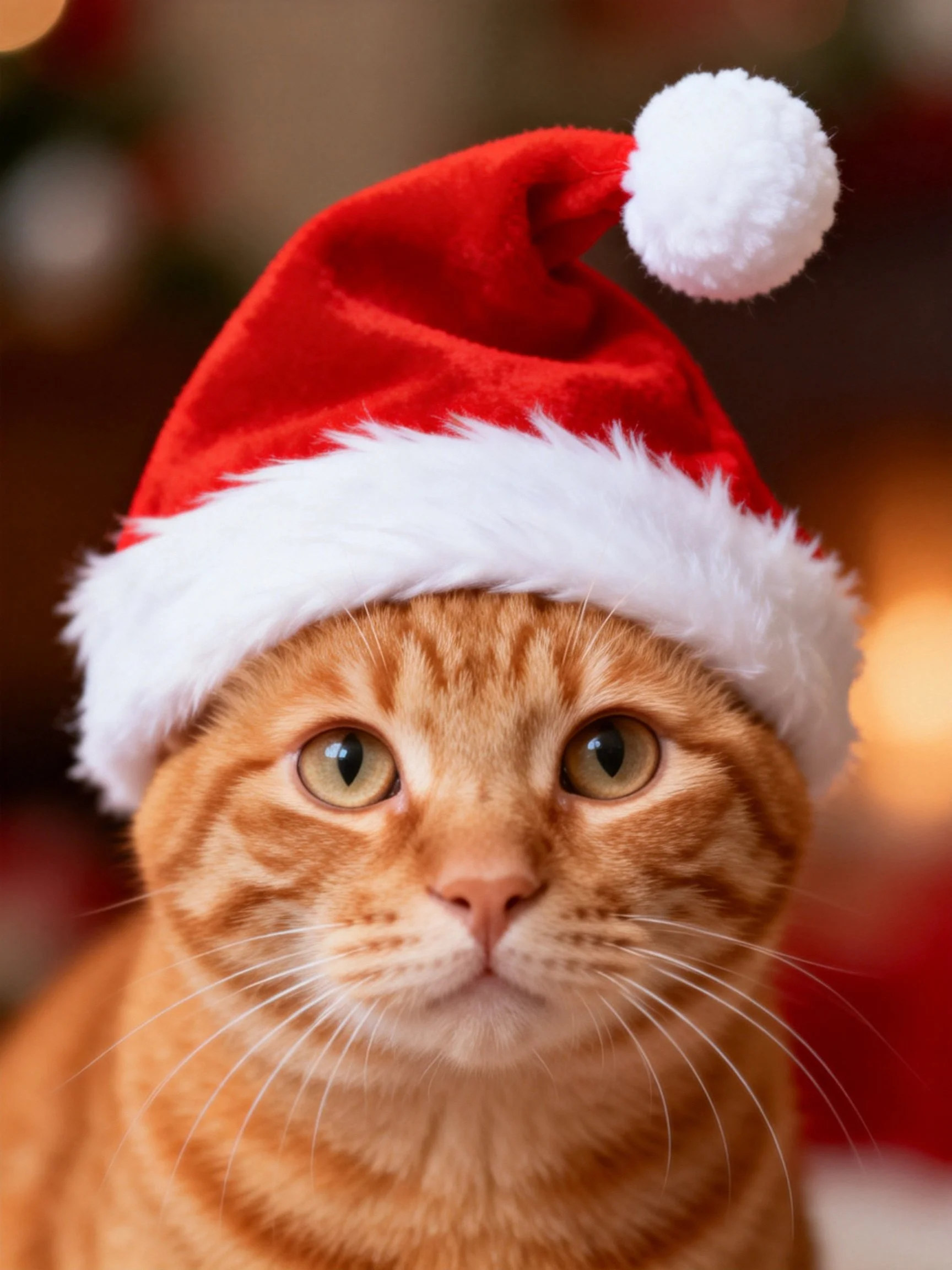 An orange tabby cat wearsa red Santa hat in a cozy setting.