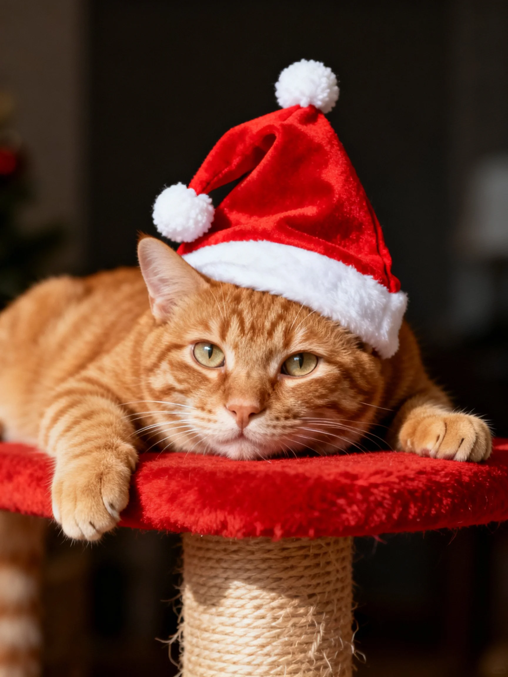 An orange tabby cat wearing a red Santa hat rests on a red perch