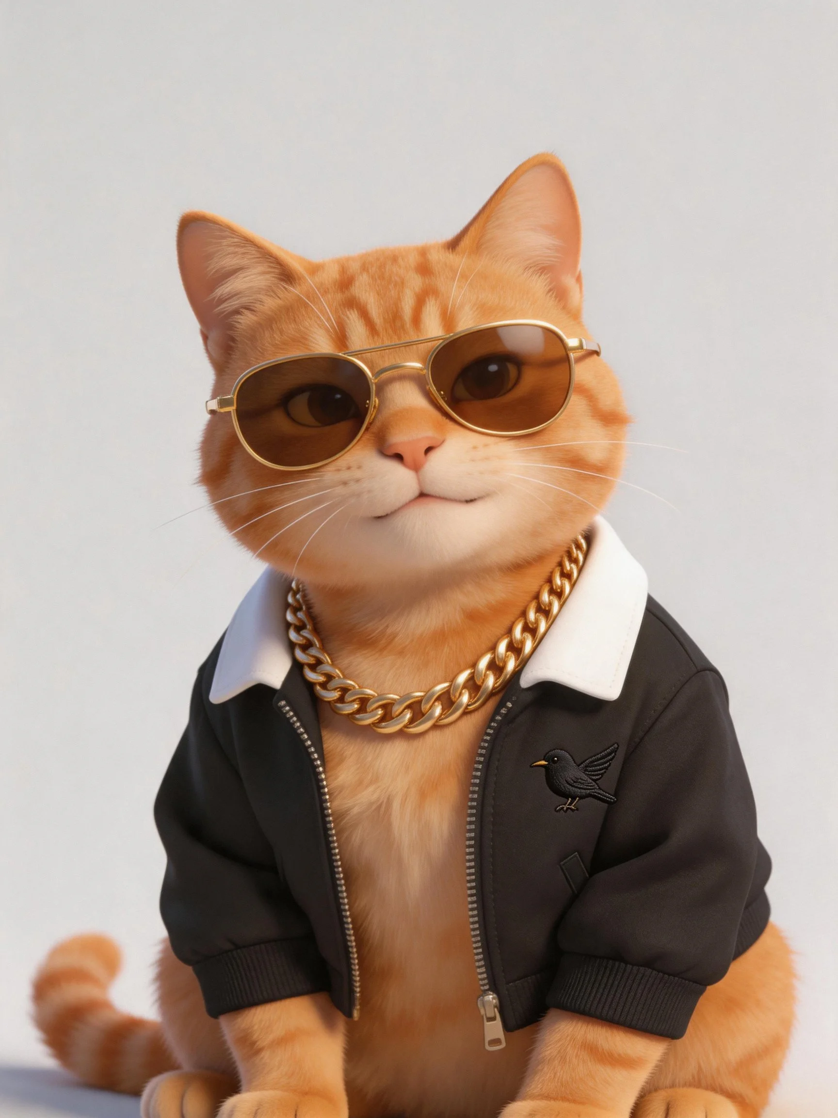 An orange tabby cat wearing sunglasses, a black jacket, and a gold chain