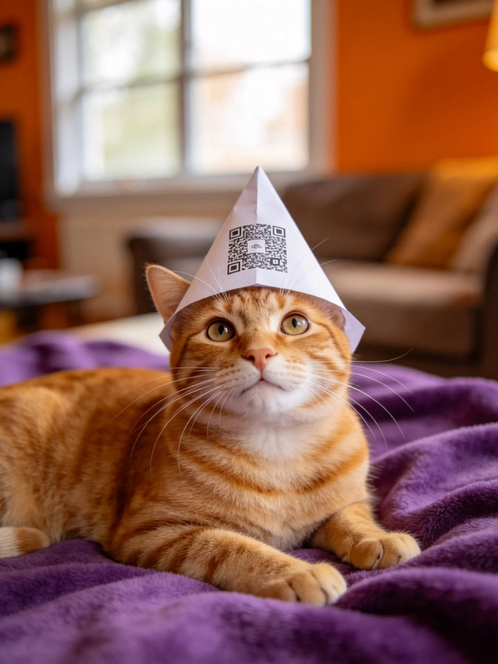 An orange tabby cat wears a paper cone hat on a purple blanket