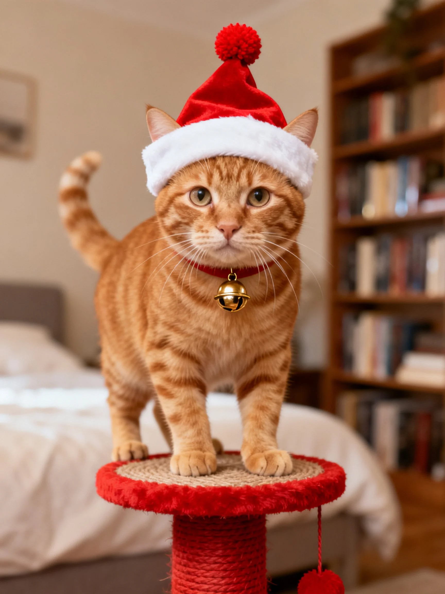 An orange tabby cat wears a red Santa hat on a red scratching post