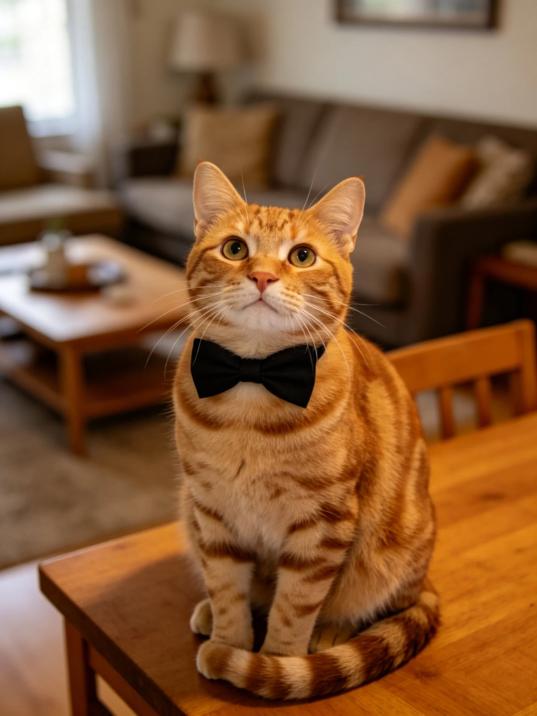 An orange tabby cat wearing a black bow tie sits on a wooden table