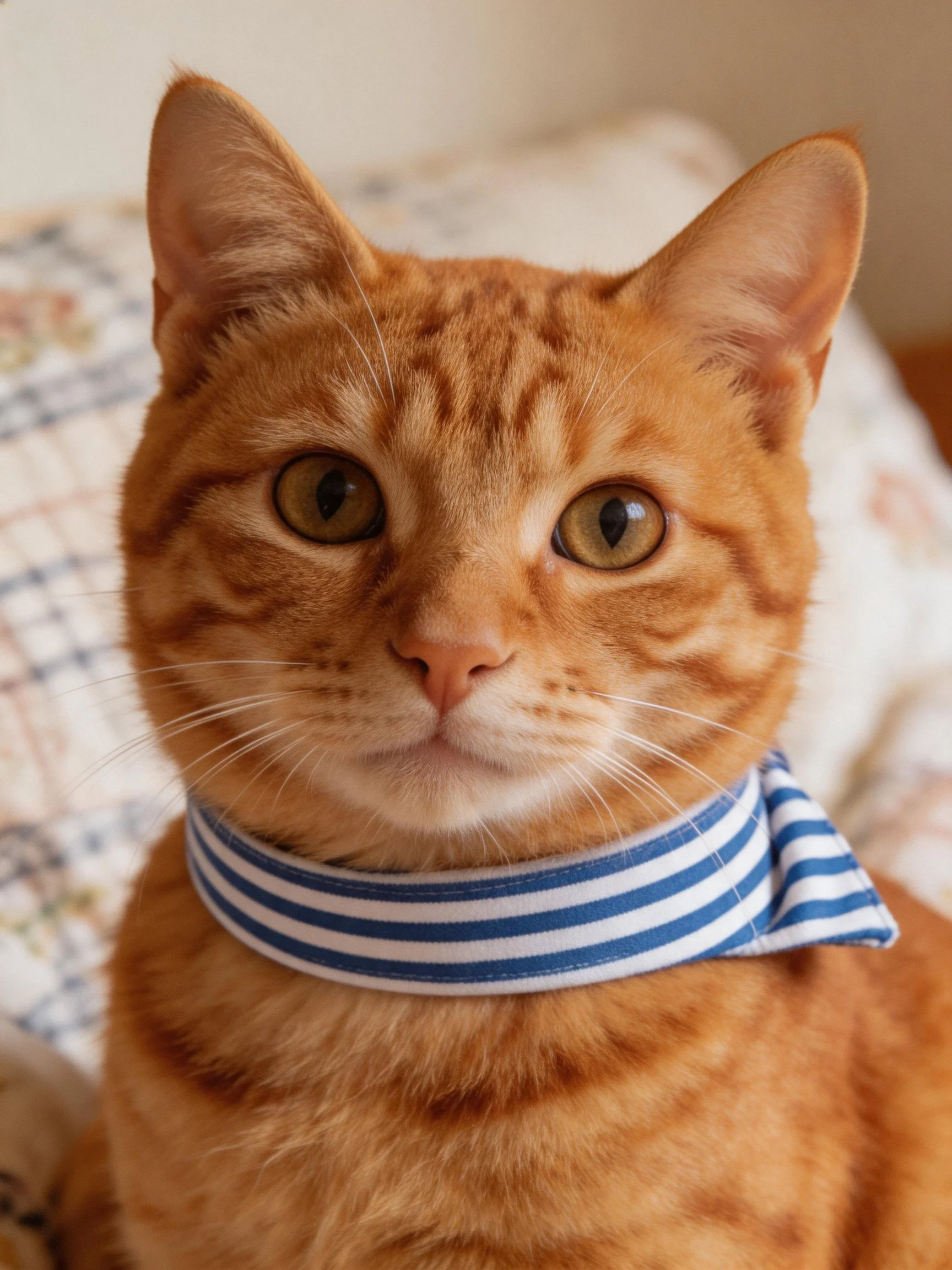 An orange tabby cat wears a blue and white striped neckerchief.