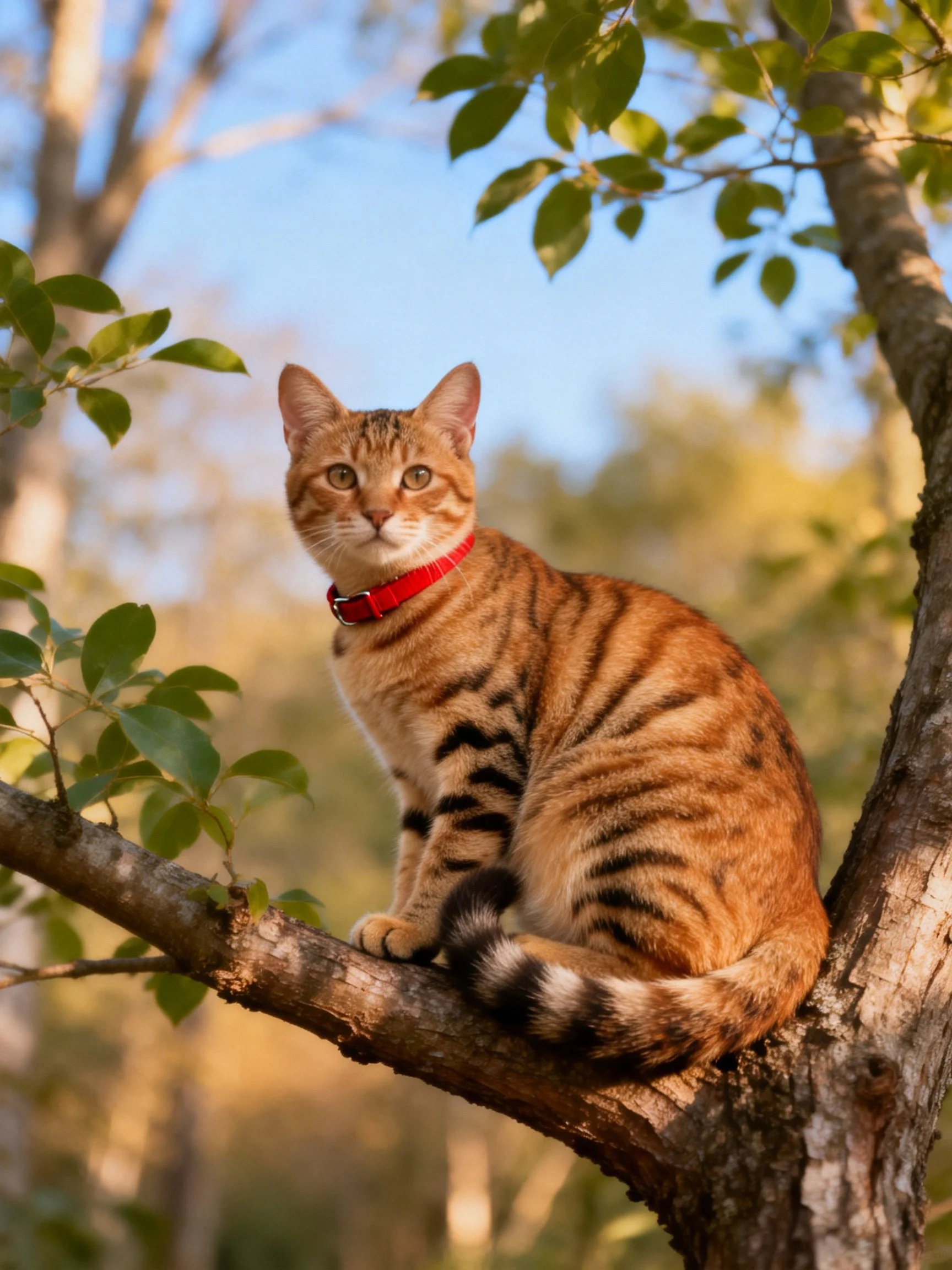 An orange tabby cat with a bright red collar sits on a tree branch in a sunlit forest.