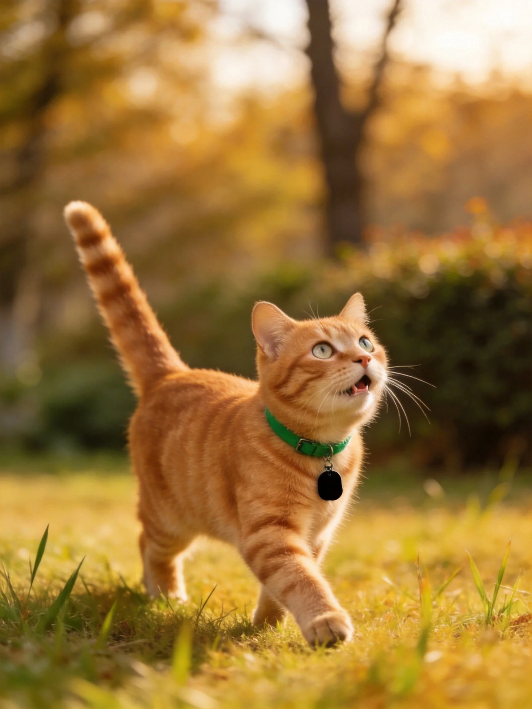 An orange tabby cat with a green collar moves through a sunlit garden.
