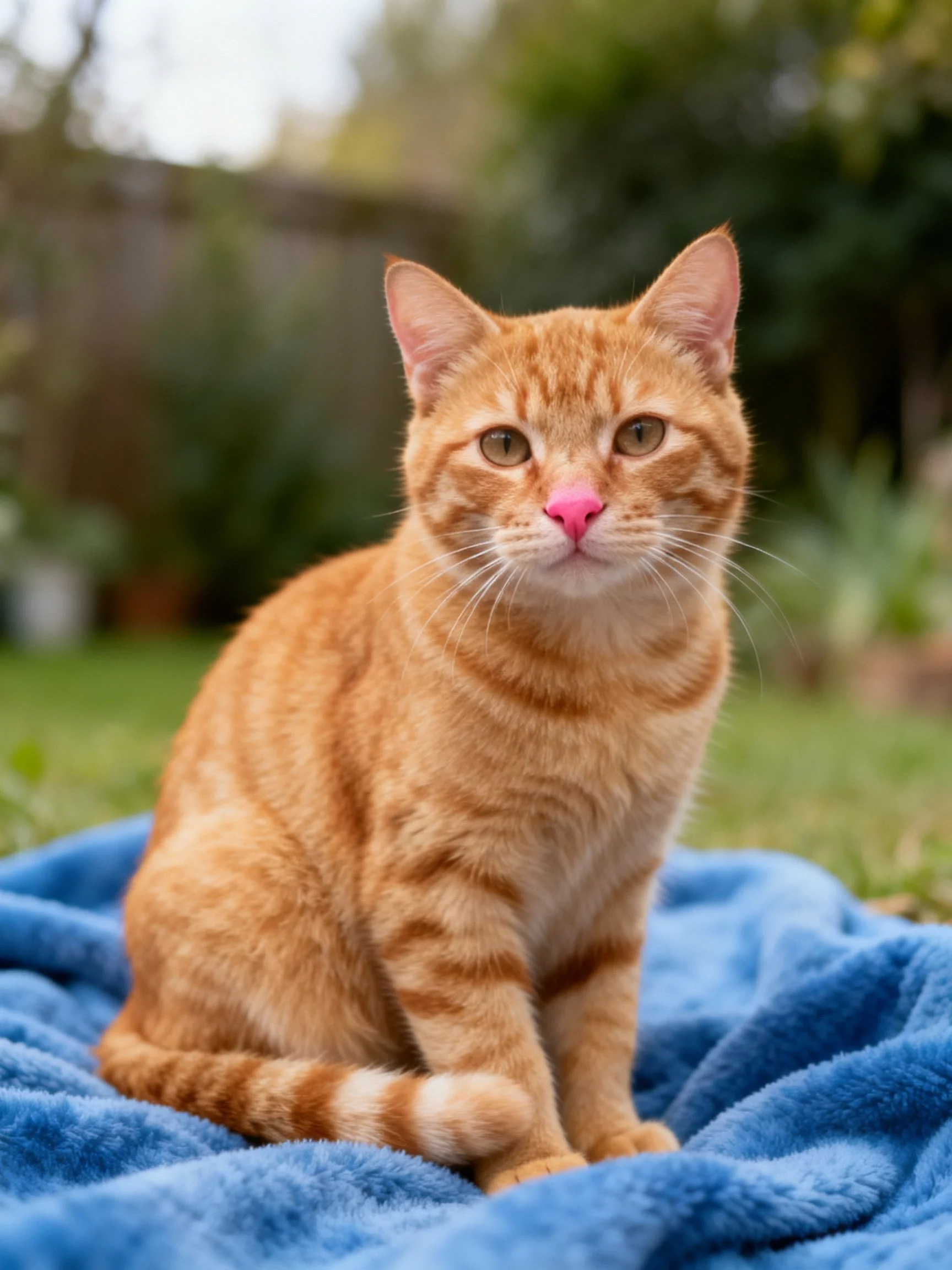An orange tabby cat with a pink nose sits on a blue blanket in a garden