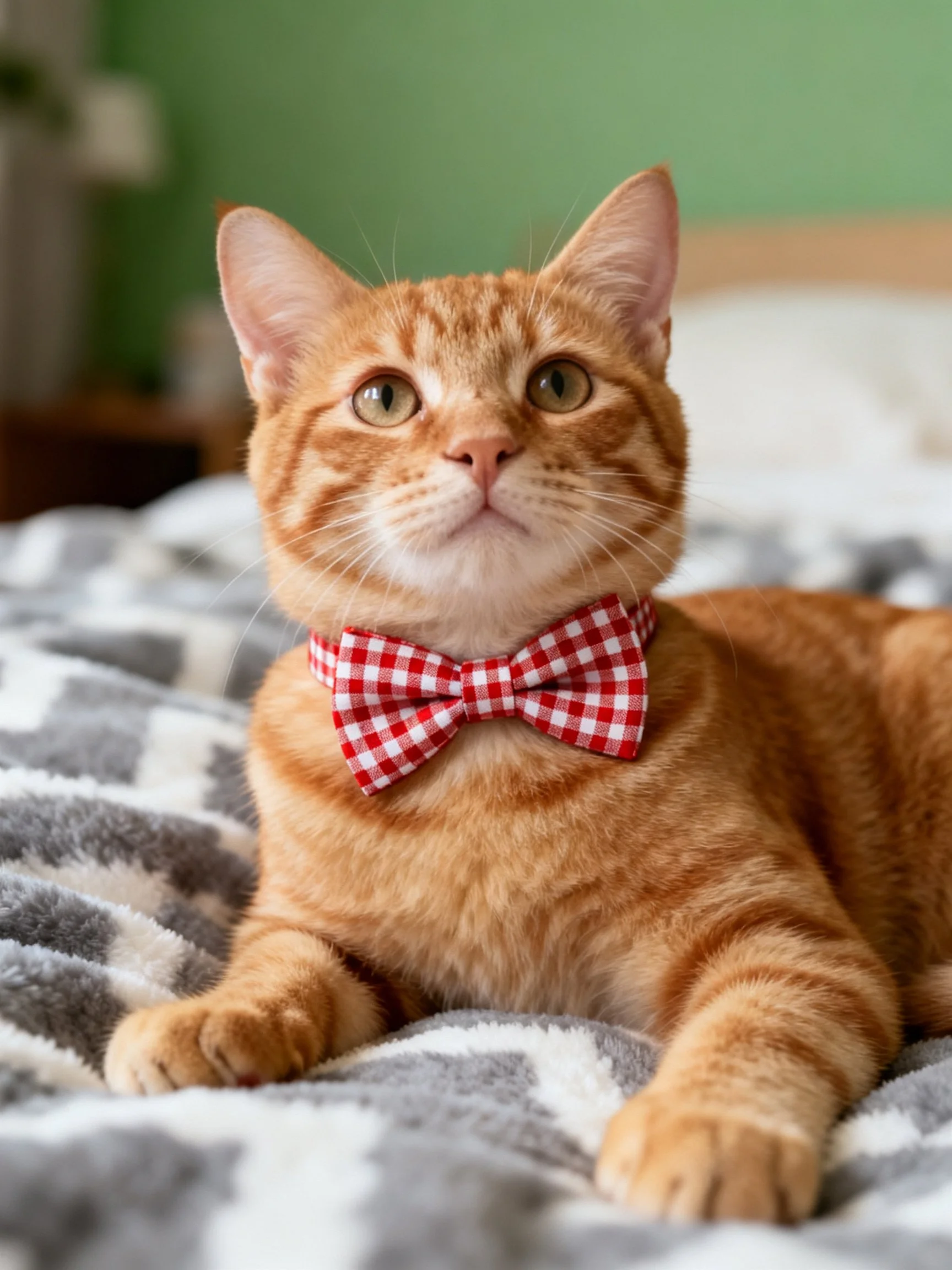 An orange tabby cat with a red gingham bow tie lies on a patterned blanket.