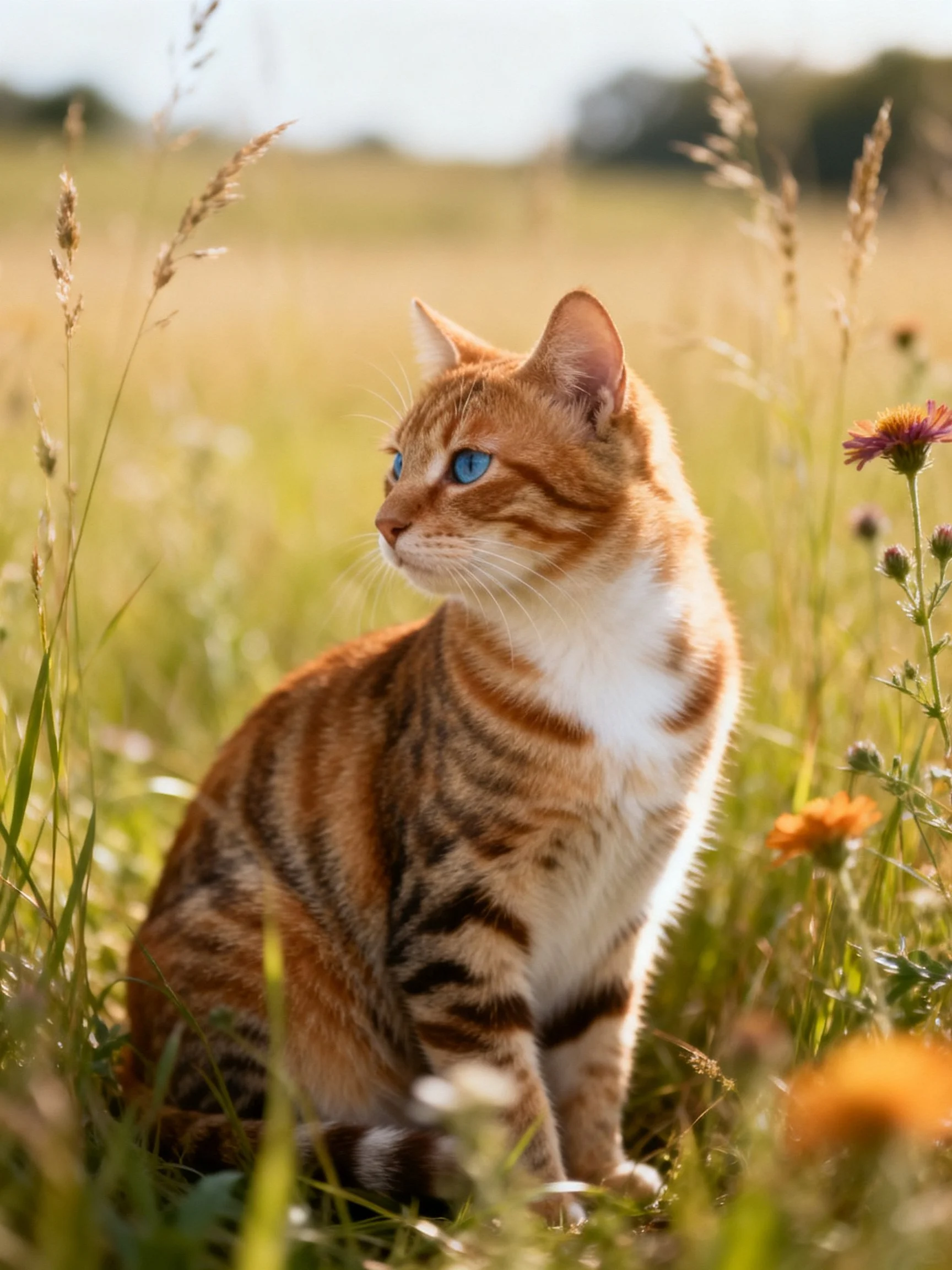 An orange tabby cat with blue eyes sits among tall grassesand wildflowers in a sunlit outdoor setting.