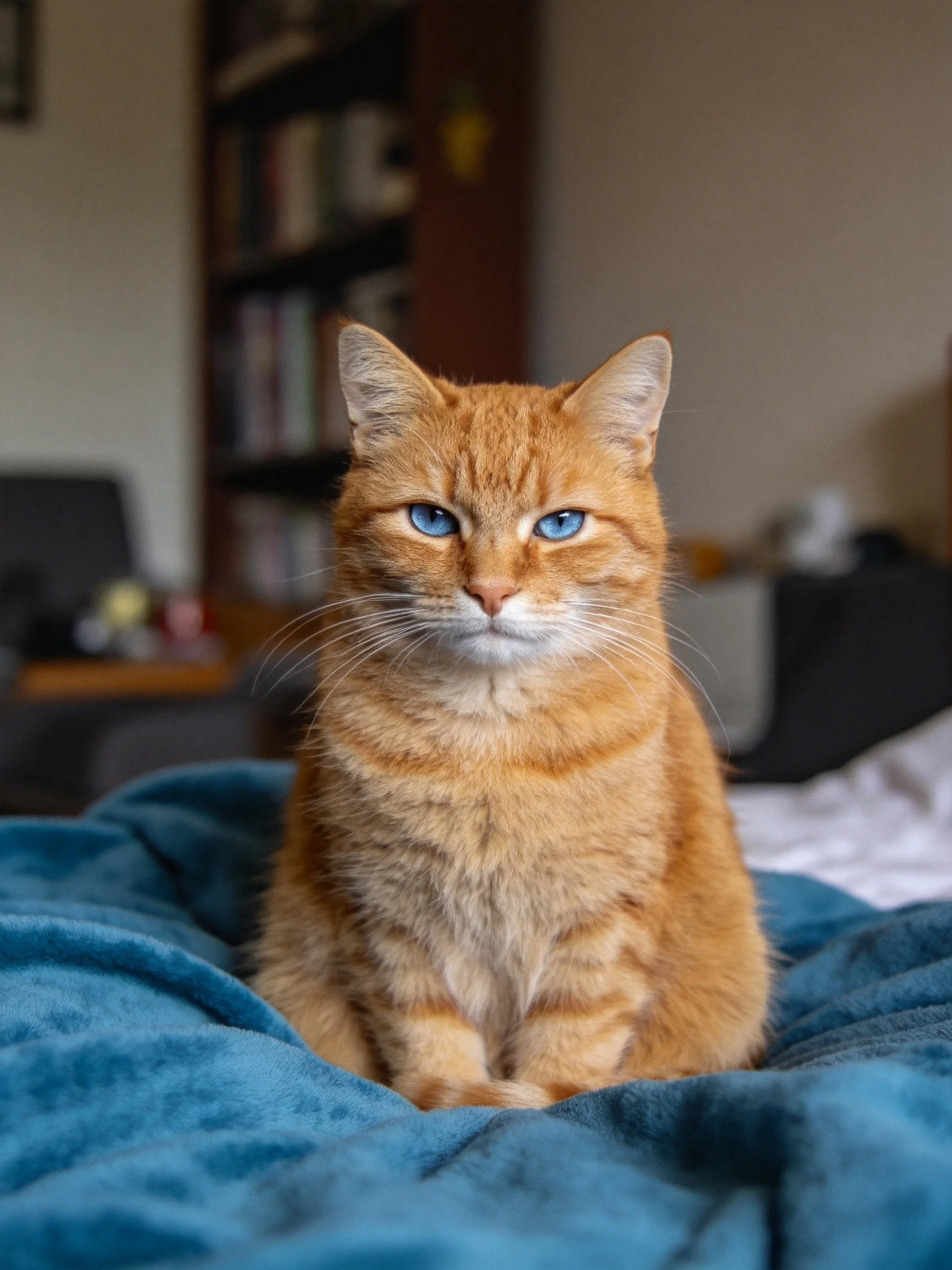 An orange tabby cat with blue eyes sits on a teal blanket inside a home.