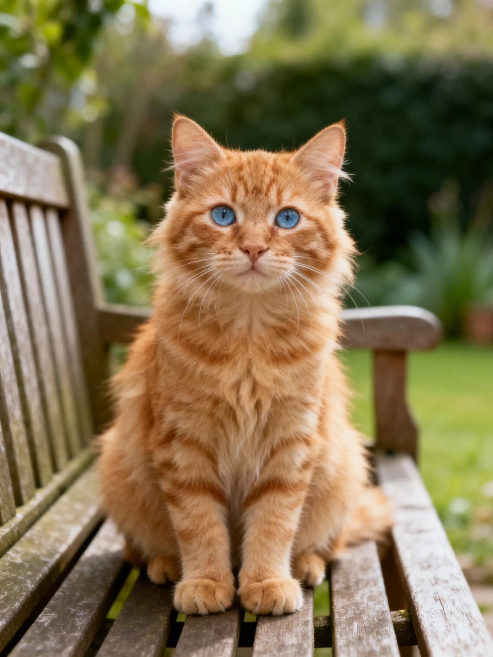 An orange tabby cat with blue eyes sits on a wooden bench in a garden