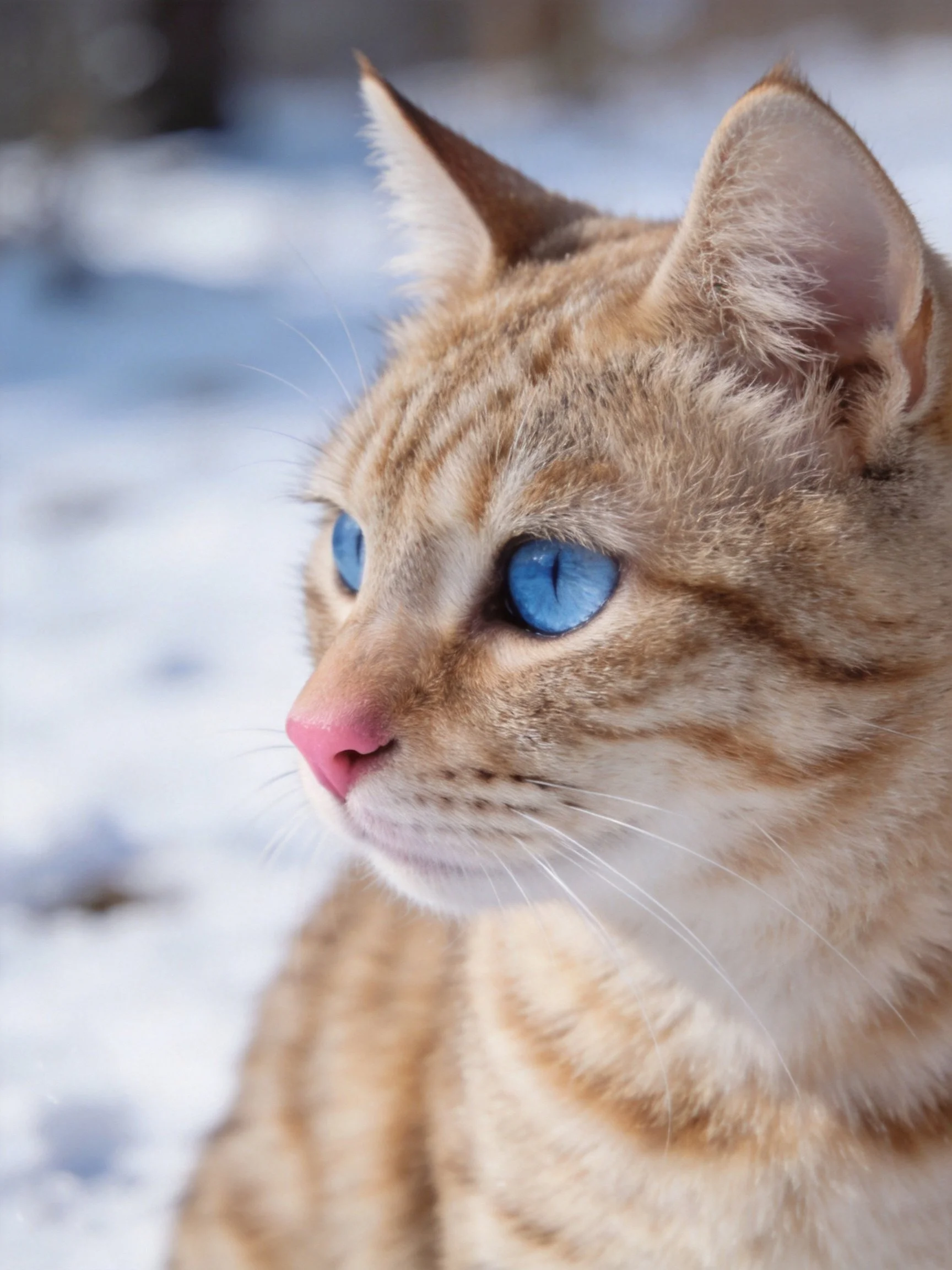An orange tabby cat with blue eyes observes its surroundings amid snow.