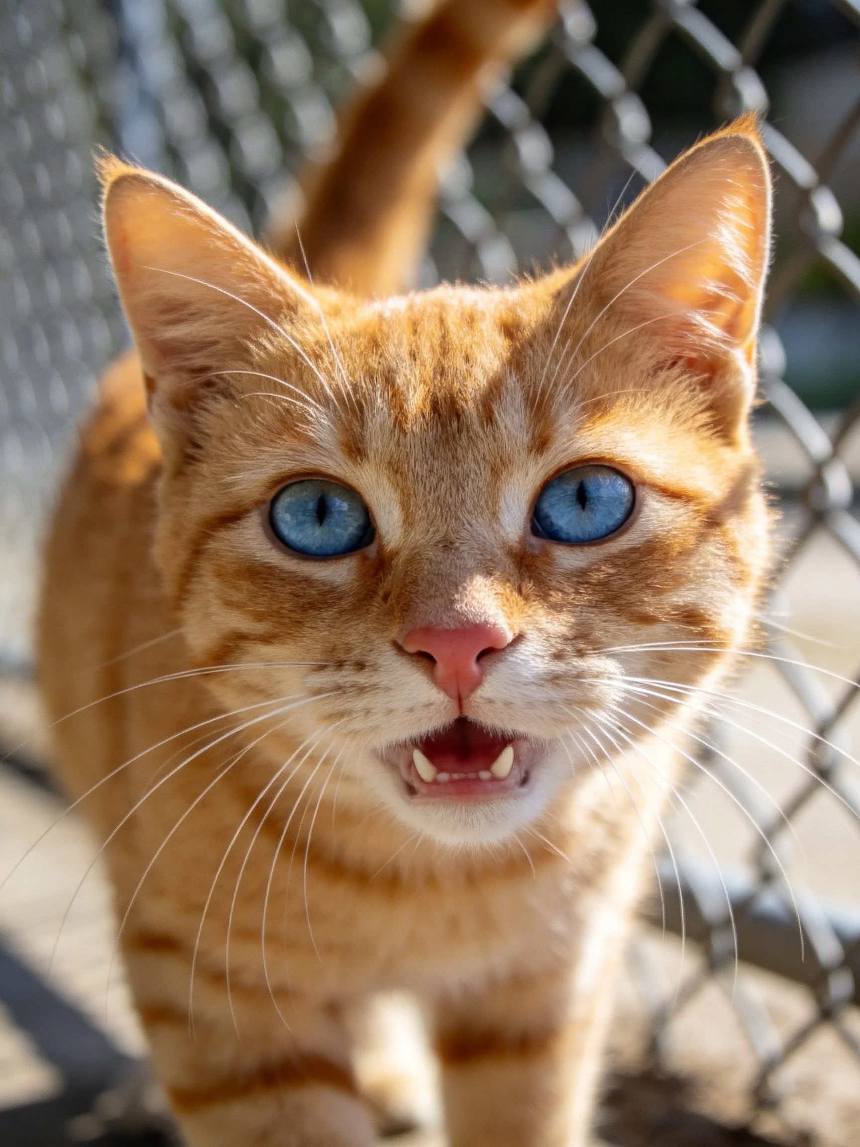 An orange tabby cat with vivid blue eyes stands beside a chain-link fence.