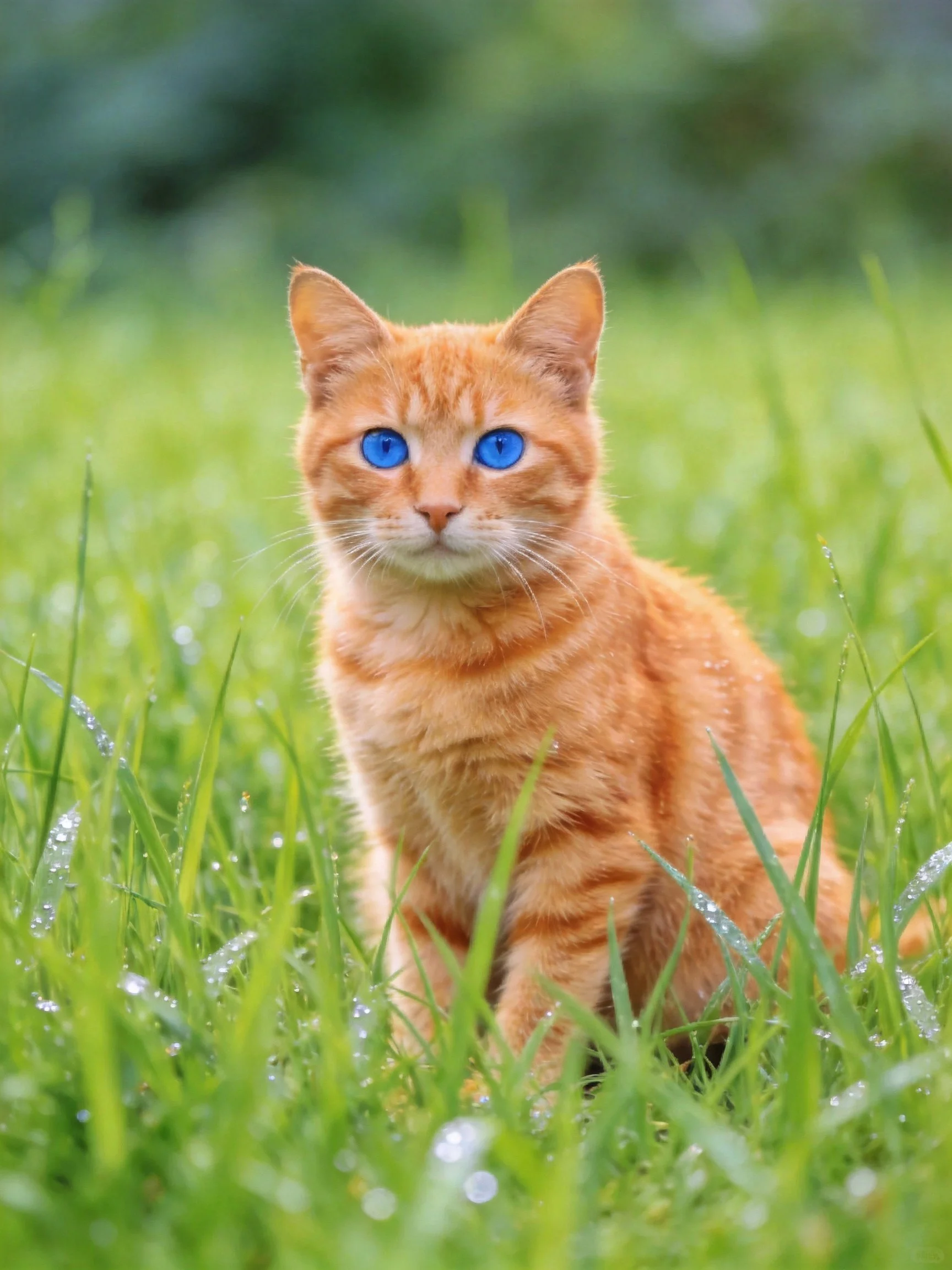 An orange tabby cat with bright blue eyes sits amid dew-covered green grass blades.