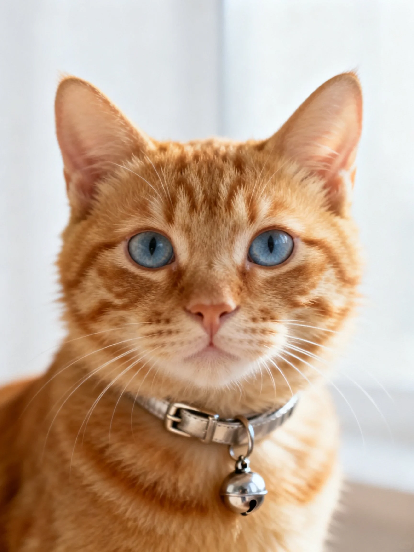 An orange tabby cat with blue eyes wears a silver collar with a bell