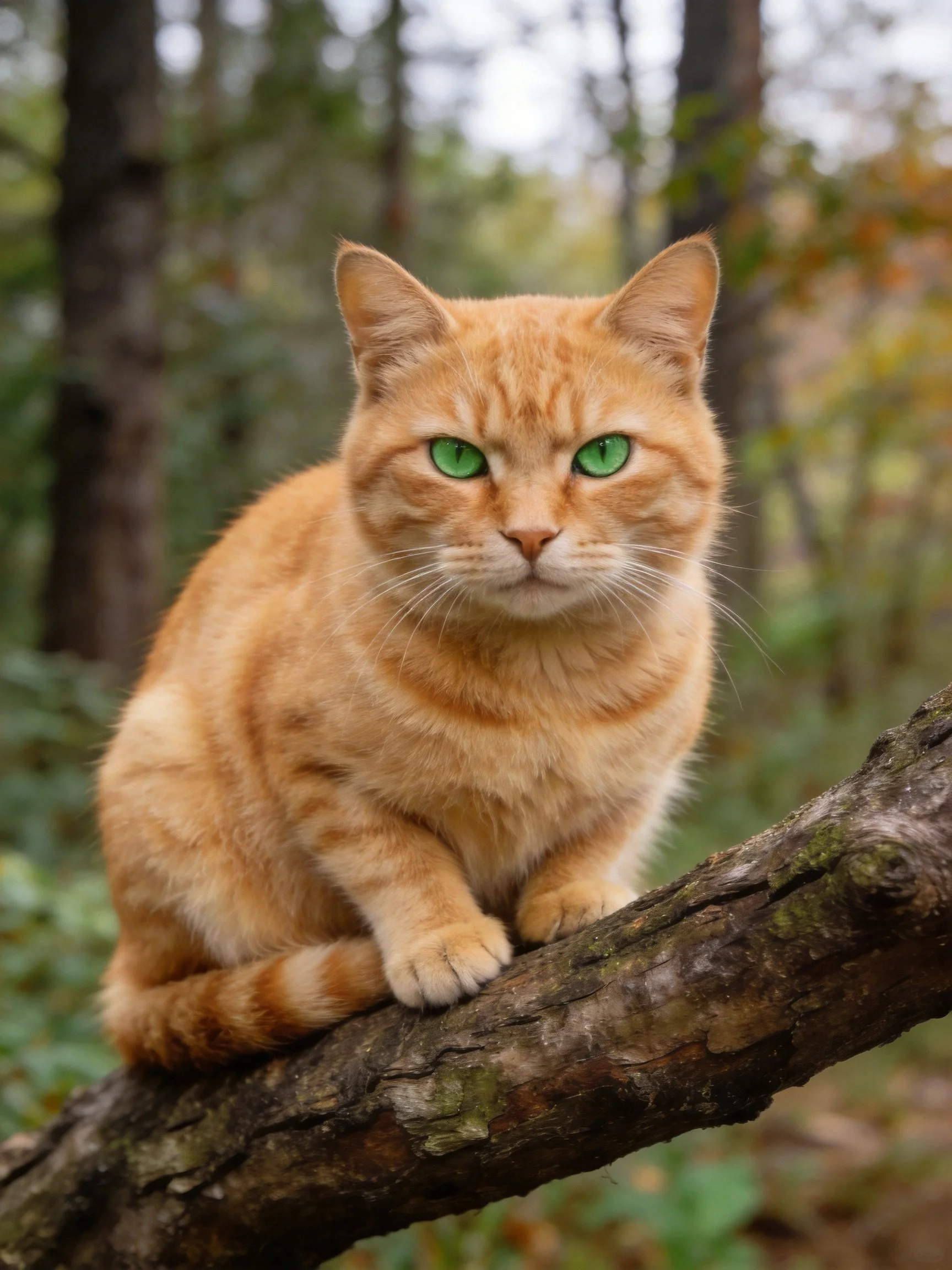 An orange tabby cat with green eyes sits calmly on a tree branch in a forested area.
