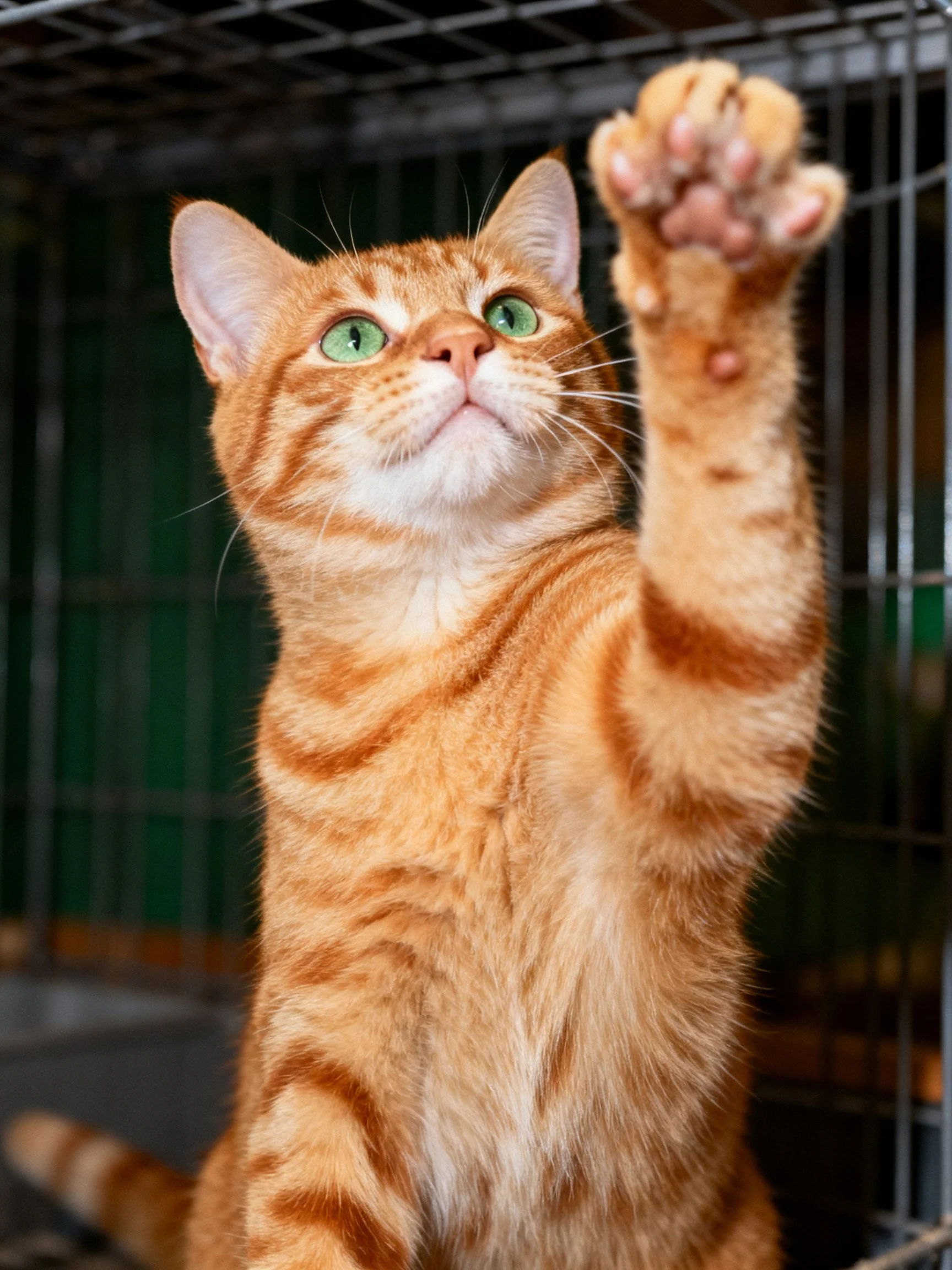 An orange tabby cat with green eyes reaches upward inside a metal enclosure.